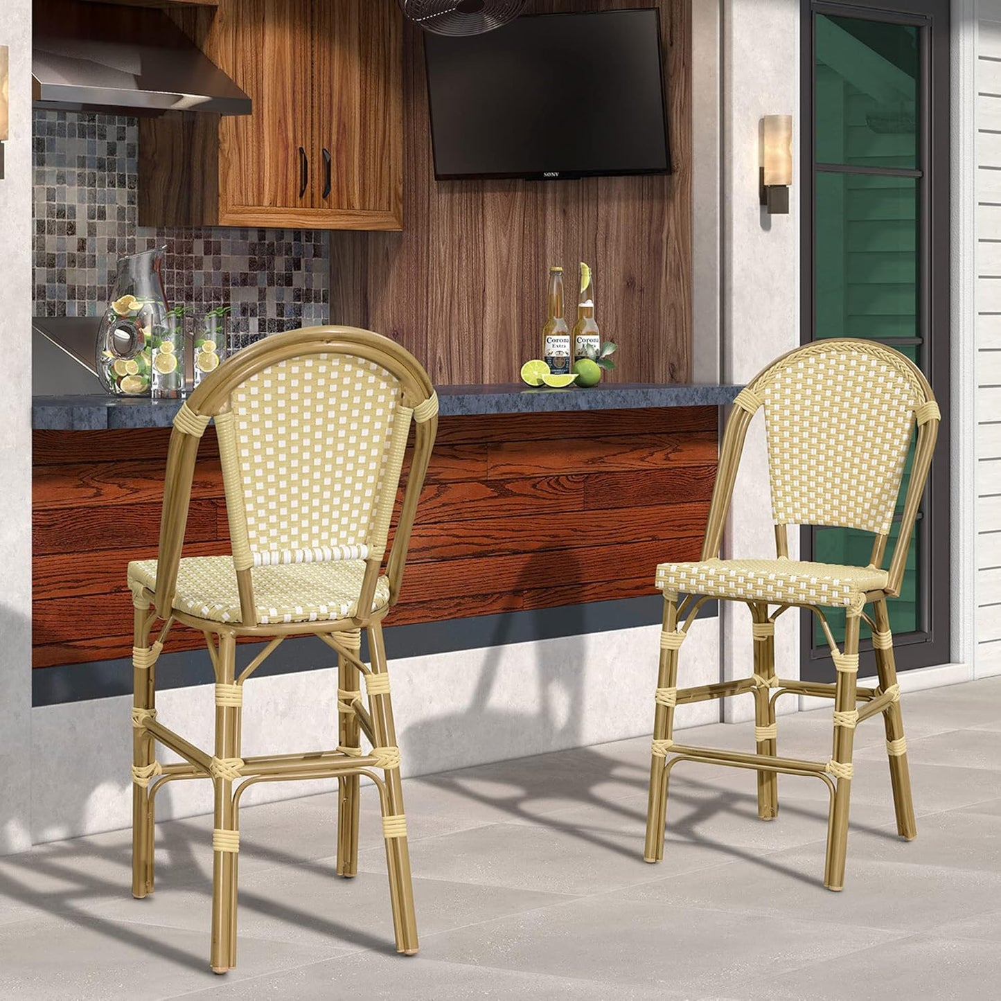 PURPLE LEAF French Counter Height Bar Stool Set of 2 25" Bamboo Print Finish Patio Bar Chairs with Back Rattan Bar Chairs French Bistro Set for Kitchen Outdoor Counter Stool Cream Yellow