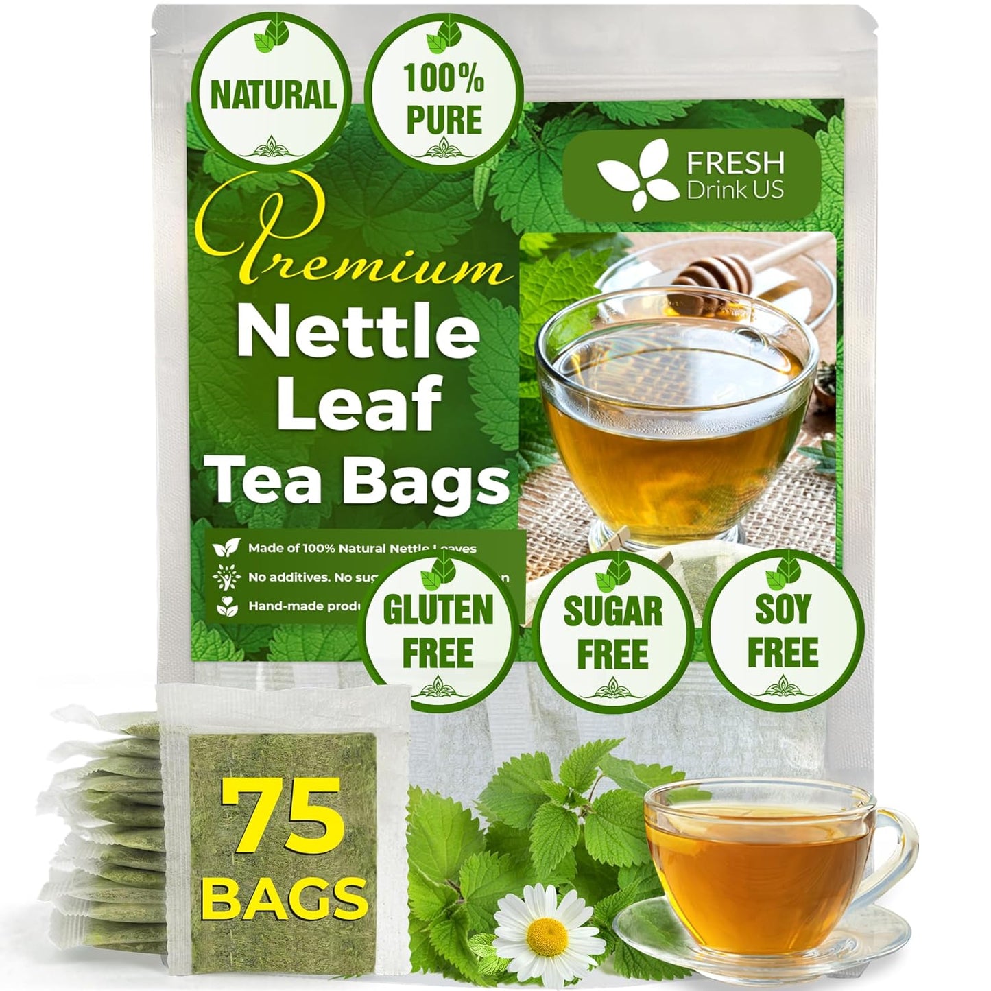 FreshDrinkUS, Premium 75 Nettle Leaf Tea Bags, 100% Natural & Pure from Nettle Leaves. Loose Leaf Nettle Herbal Tea. Nettle Leaf Tea. No Sugar, No Caffeine, No Gluten, Vegan.