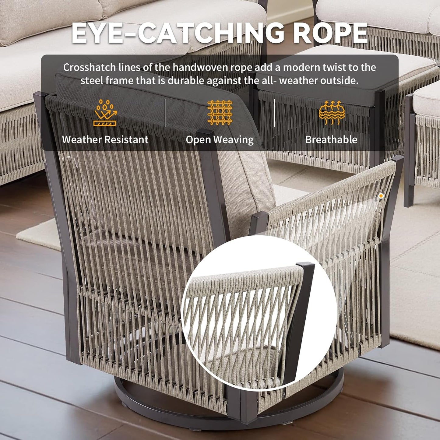 Patio Bistro Swivel Chair Set, 2 Pieces Swivel Wicker Chairs Porch Furniture Sets, All-Weather Rattan Rocking Outdoor Conversation Set for Porch, Deck, Poolside w/Cushion-Beige