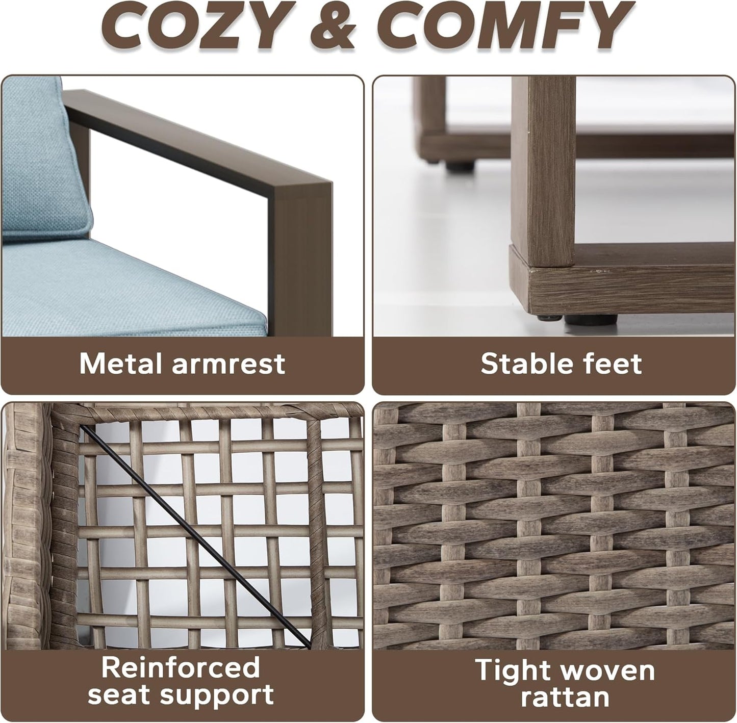 Outdoor Wicker Metal Chairs Set of 2 with Two Ottomans - 4 Pieces Patio Bistro Set with Rectangular Framed Wood-Looking Metal Armrest & Removable Cushions for Terrace, Baby Blue