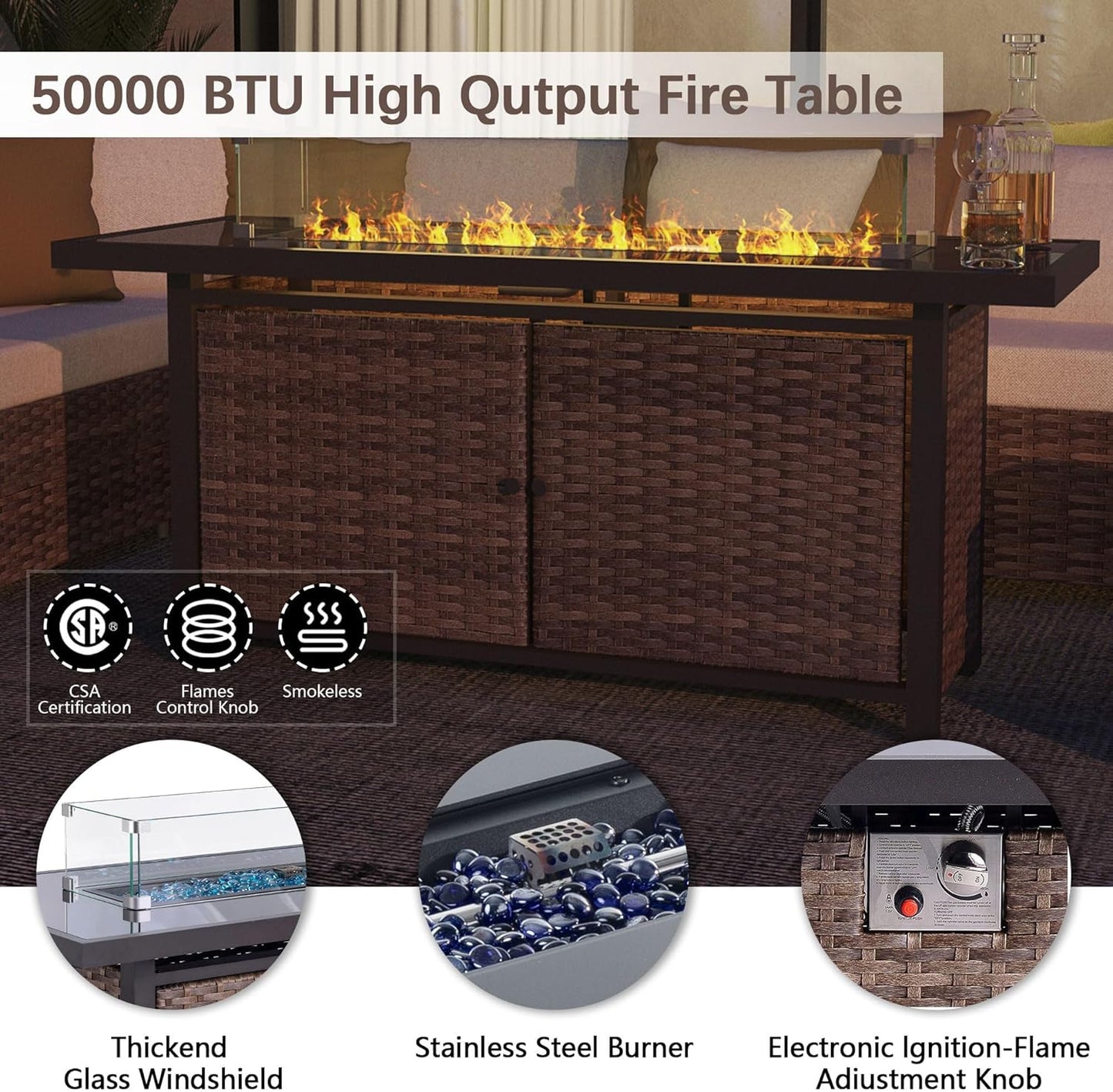 25-Pc Patio Furniture Set - 7 Piece Outdoor Rattan Sofa Set with 57" Fire Table and 17 Accessories, Modular Sofa Set for Garden/Poolside, Grey/Black