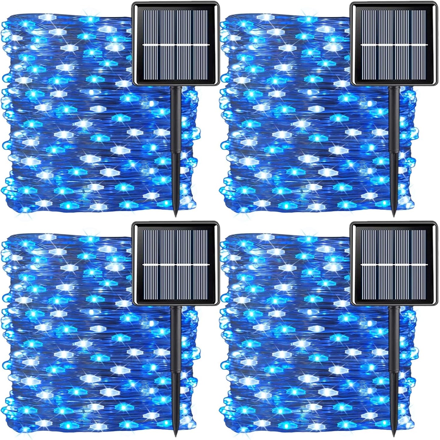 QITONG 4 Pack Blue and White Solar Fairy Lights, Each 33ft 100 LED Christmas String Light, 8 Modes Silver Wire Mini Twinkle Lighting for Tree Garden Yard Christmas