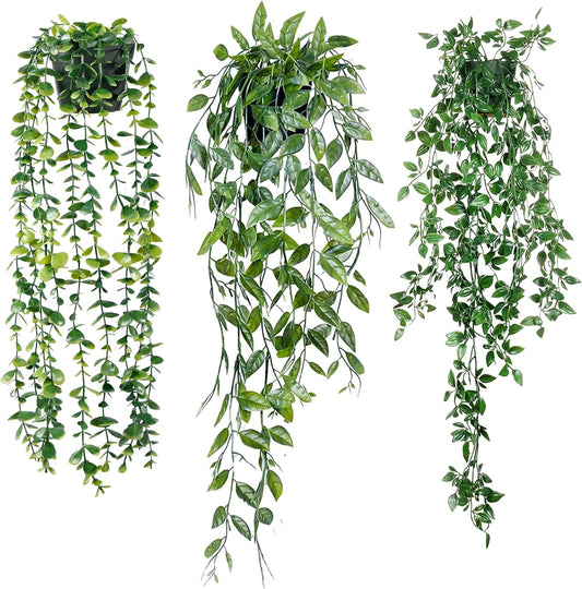 Sggvecsy Fake Hanging Plants 3 Pack Artificial Eucalyptus Fake Potted Greenery Faux Eucalyptus Mandala Vine Pea Pod for Home Indoor Outdoor Wall Garden Wedding Decor