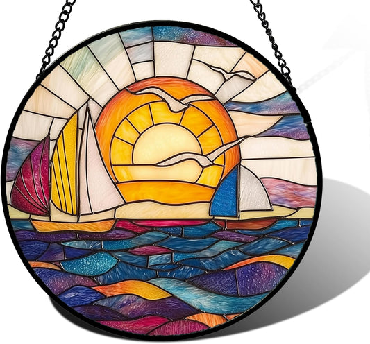 Stained Glass Window Hanging, Sailboat and Waves Suncatcher Diamond Glass Panel Hangings Sun Catchers Decor for Birthday for Women, Men, Wife, Aunt, and Mom 7.8 in
