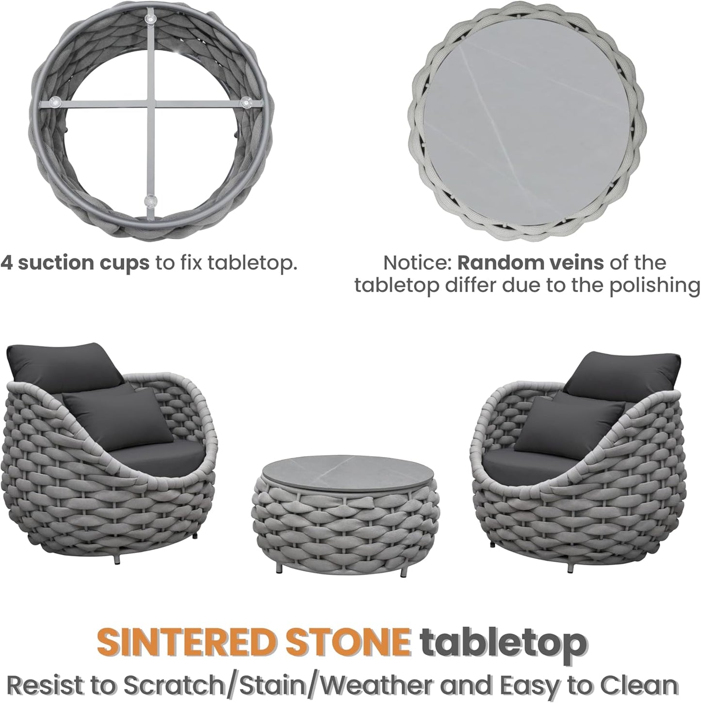 3 Pieces Aluminum Patio Furniture Sofa Sets: Hand Woven Rope Outdoor Conversation Set of 2 - Assembled Modern Cushions Couch Armchair Table Set - All Weather for Indoor Deck Porch Pool Hotel