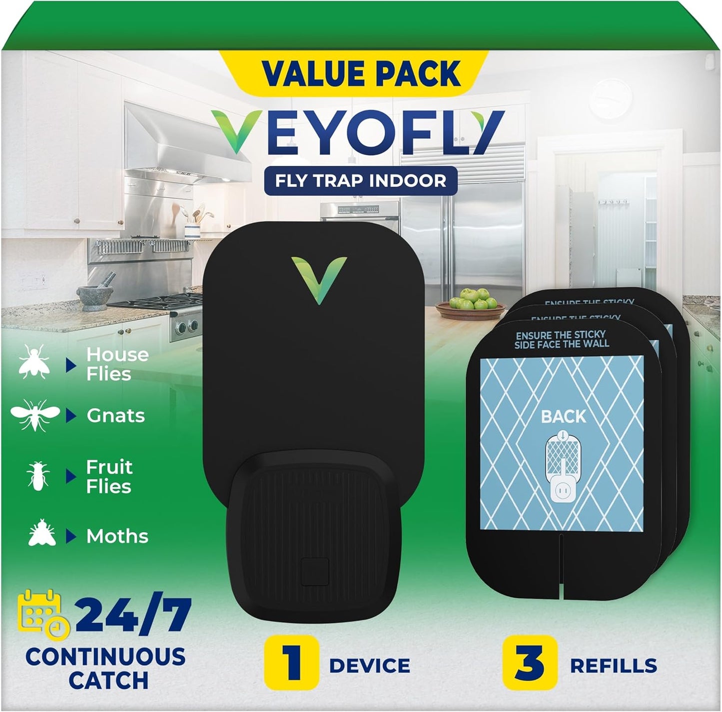 VEYOFLY Fly Trap Indoor, Fruit Fly Traps for Indoor, (1 Device + 3 Refills) Gnat Traps for House, Fly Catcher, Plug in Light Flying Insect Trap, Bug Light Killer, Fly Trap