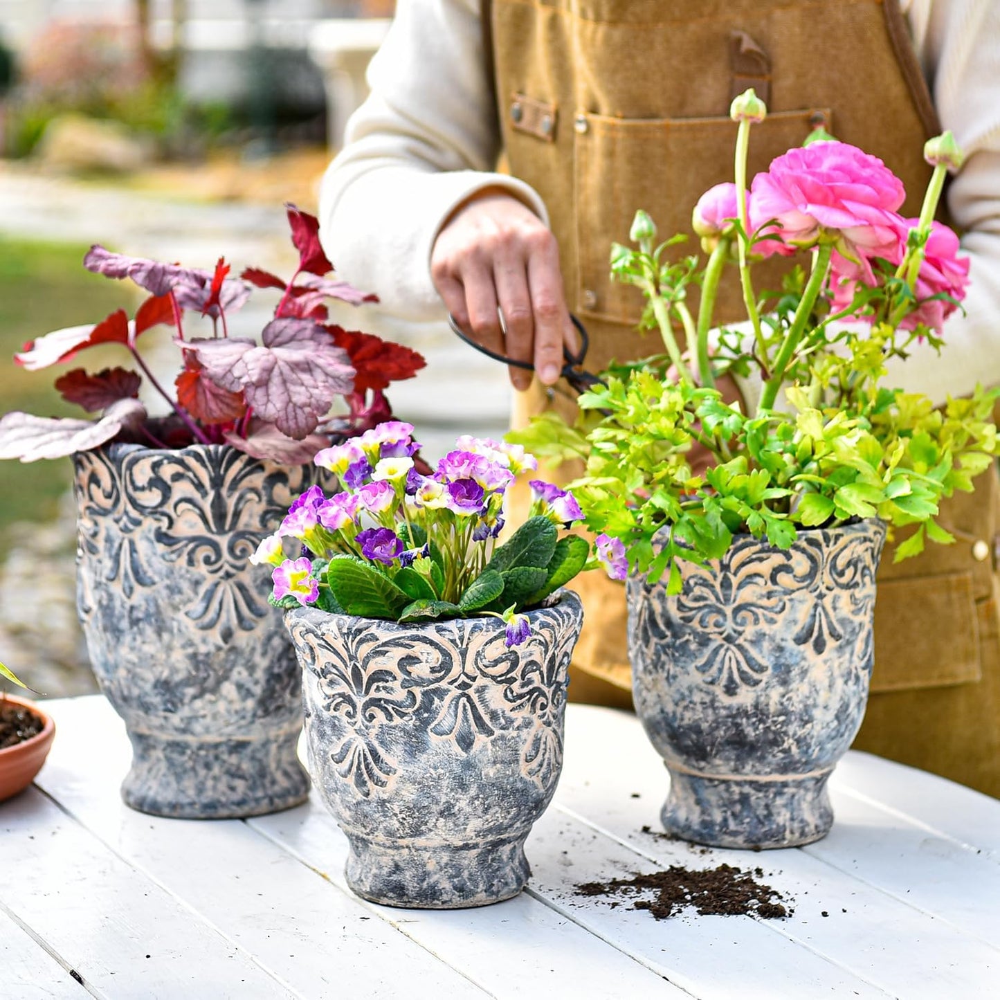 Sungmor 6.3 Inch Cement Plant Pot for Plants, Succulent Planter with Embossed Design, Vintage Concrete Flowerpots with Drainage Hole, Decorative Orchid Houseplant Pot Indoor Outdoor Plant Container