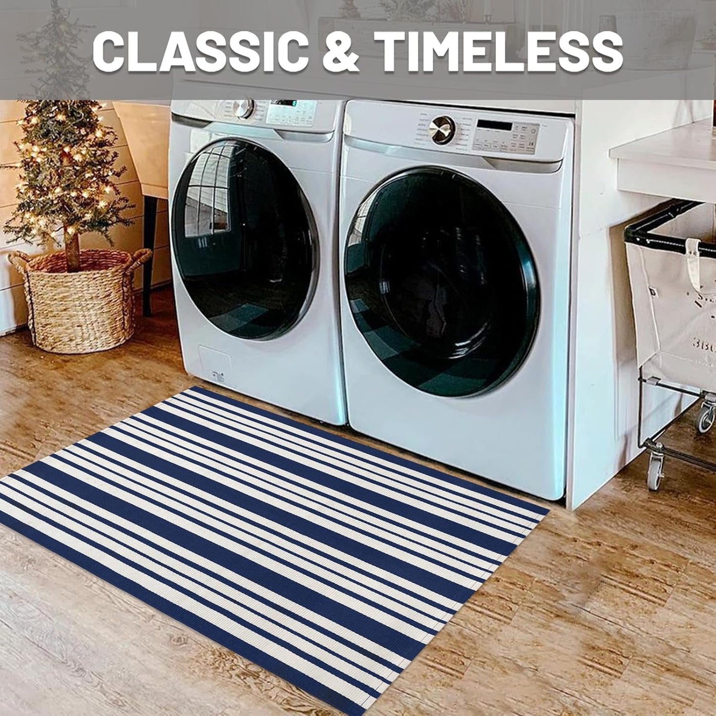 IOHOUZE Navy and White Striped Rug 2'x3' Front Door Rugs, Small Washable Area Rug for Front Porch, Spring Summer Doormats Outdoor Indoor, Cotton Rugs for Entryway Porch Entrance