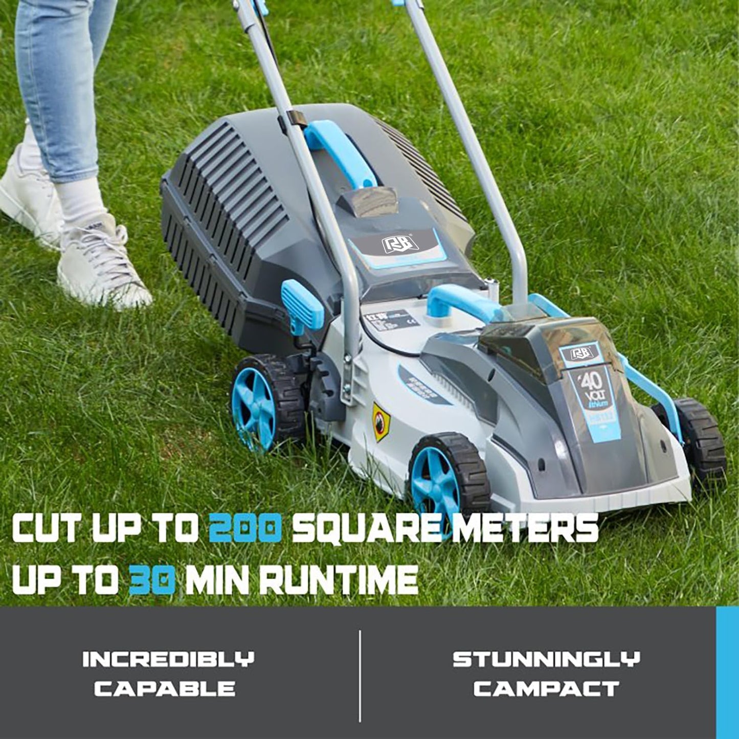 RB 40V 13-Inch Brushless Cordless Lawn Mower with 4.0Ah Lithium Battery & Fast Charger, 2-in-1 Lightweight Mower for Small Yards, Foldable Handle, 5 Cutting Height Adjustments