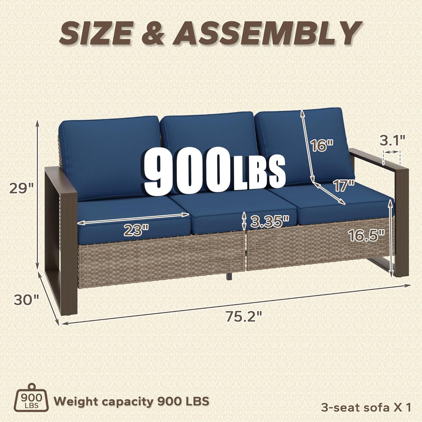 75" Patio Metal Wicker Sofa, All Weather Outdoor Rattan 3-Seat Sofa Couch with Premium Cushions & Rectangular Framed Wood-Looking Metal Armrest for Garden Backyard Porch Deck, Dark Blue