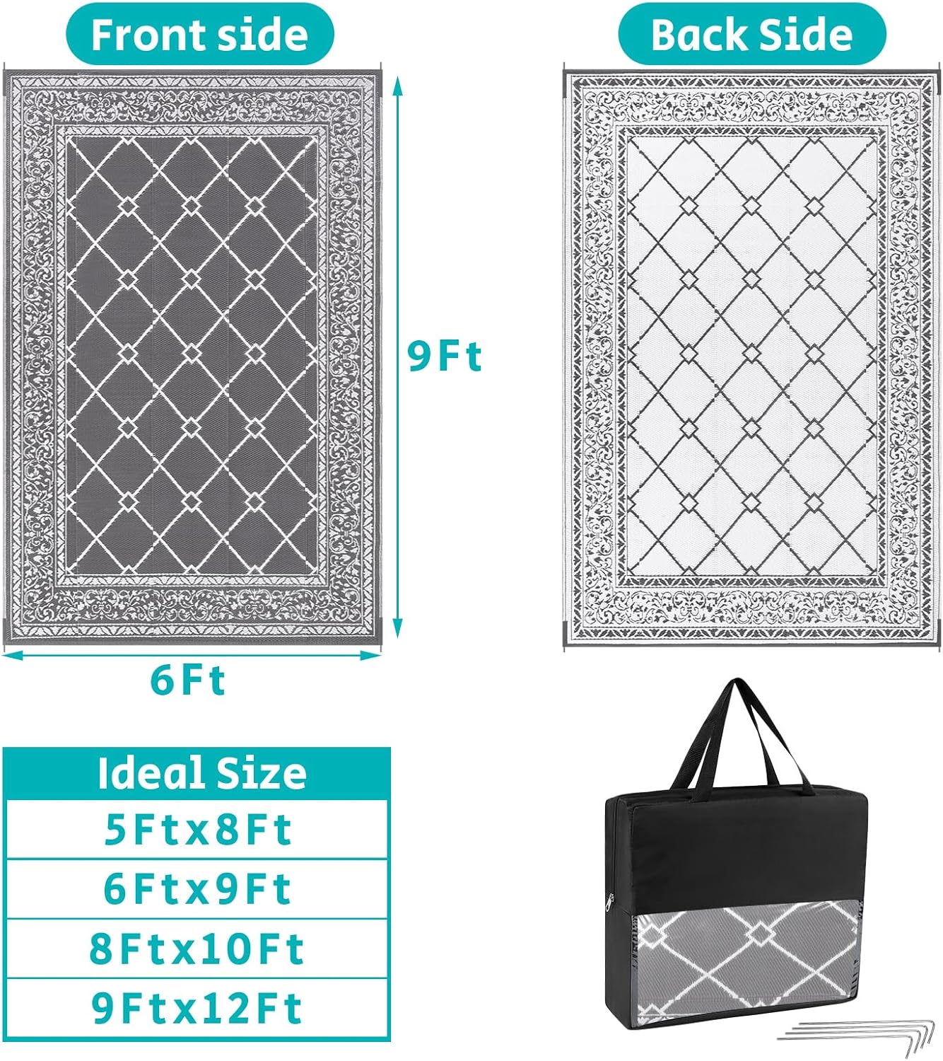 HEBE Outdoor Rug Waterproof 6x9, Reversible Plastic Straw Rug RV Camping Rug, Indoor Outdoor Patio Mat Clearance, Outside Carpet for Porch,Deck,Camper,Balcony,Backyard,Picnic