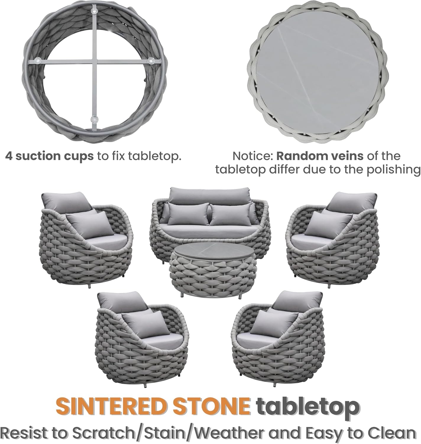 Rope Outdoor Patio Furniture Set: 6 Pieces Aluminum Porch Conversation Sofa Set - Modern Hand Woven Deck Couch Set Cushioned - No Assembly All Weather for 660lbs Yard Garden Lanai Hotel, Gray