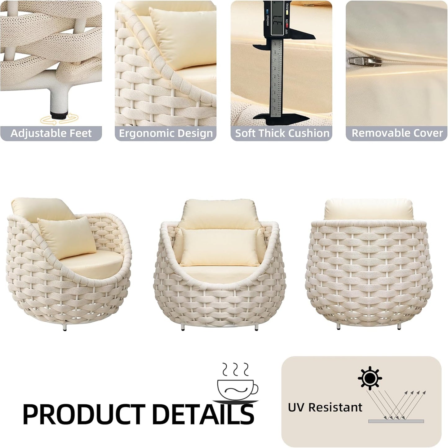 TWT Patio Sofa All-Weather Olefin Rope Balcony Furniture with Cushions & Pillows, Patio Couch Outdoor Patio Furniture Set for Indoor, Balcony, Backyard, Deck, Poolside, Cream