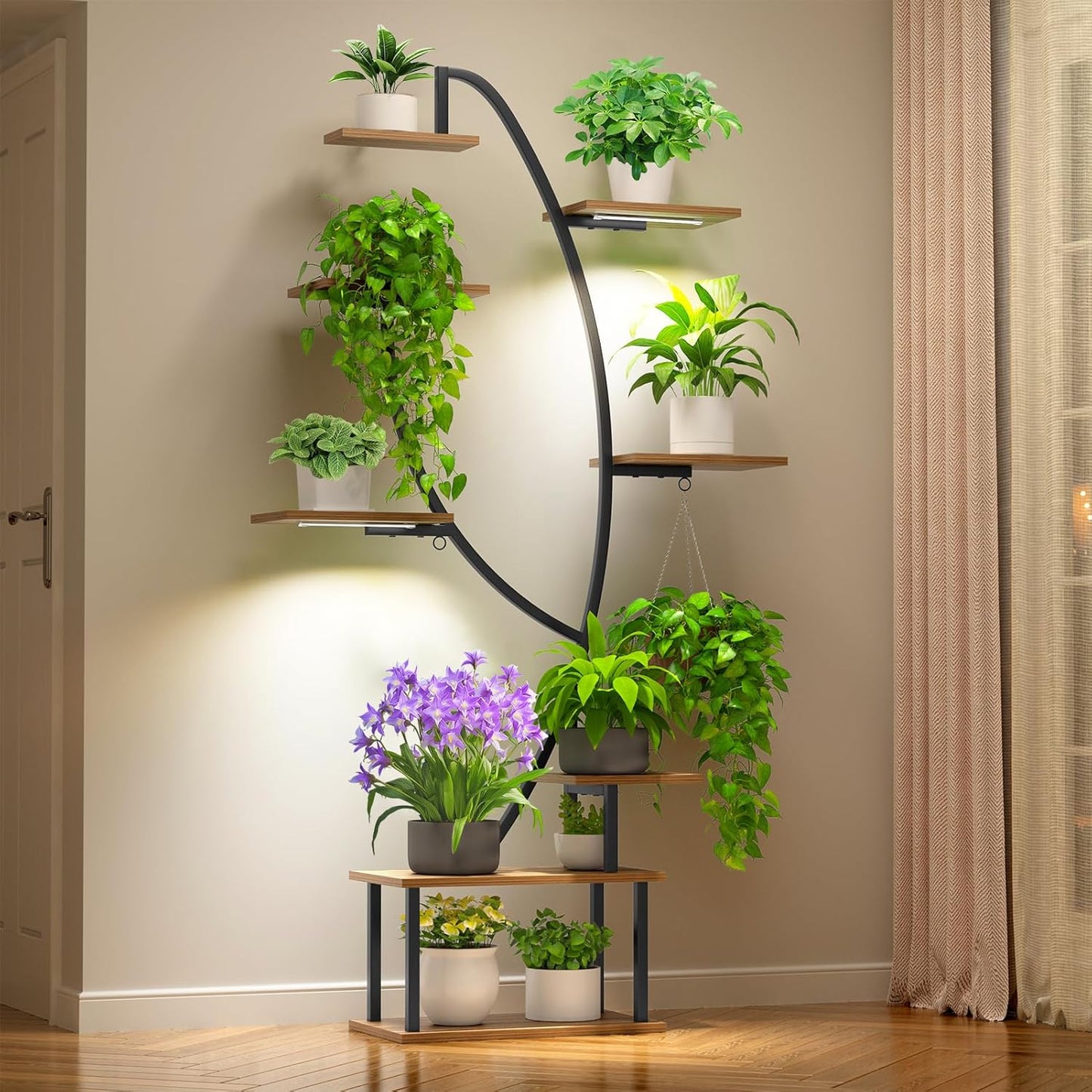 Indoor Plant Stand with Grow Lights, Multi-layer Tall Metal Plants Shelf, Corner Plant Stand Indoor with Cable Ties & Safe Straps for Living Room, Patio (Swan Neck)
