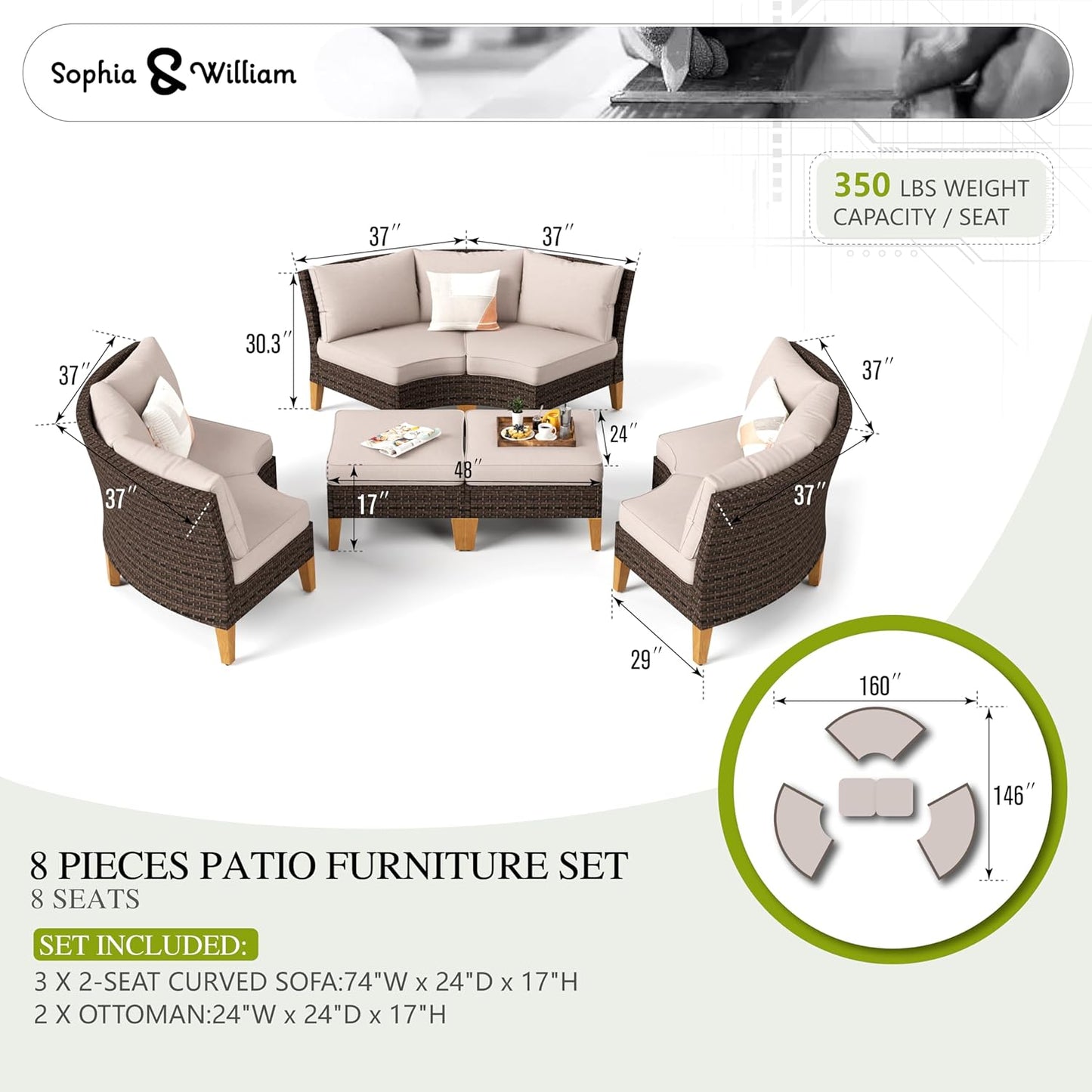 Sophia & William Half-Moon Outdoor Patio Furniture Set 8 Piece Large & High Back Wicker Rattan Patio Sectional Furniture Sofa Set Fan-Shaped Conversation Set with Ottomans & 4" Thick Cushions, Beige