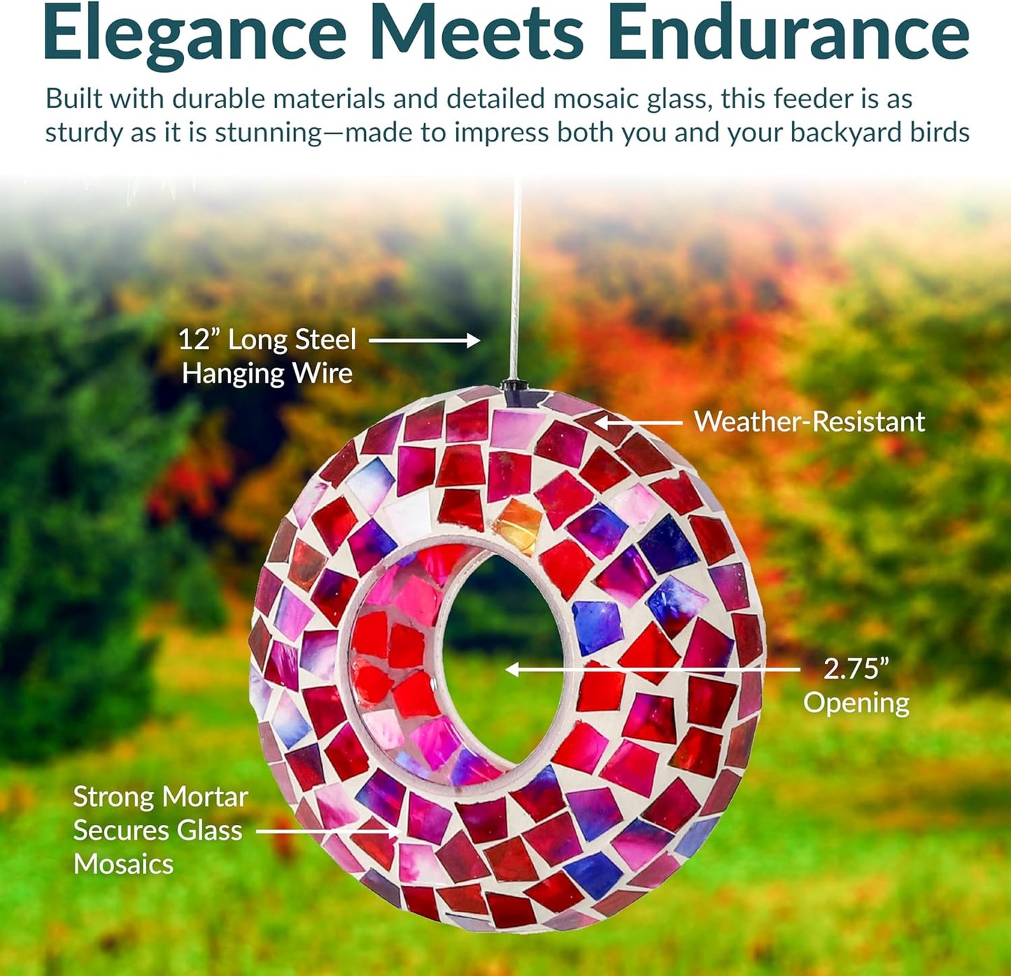 Sunnydaze 6-Inch Glass Mosaic Hanging Bird Feeder for Outdoors - Fly-Through Wild Bird Feeder - Crimson Mosaic