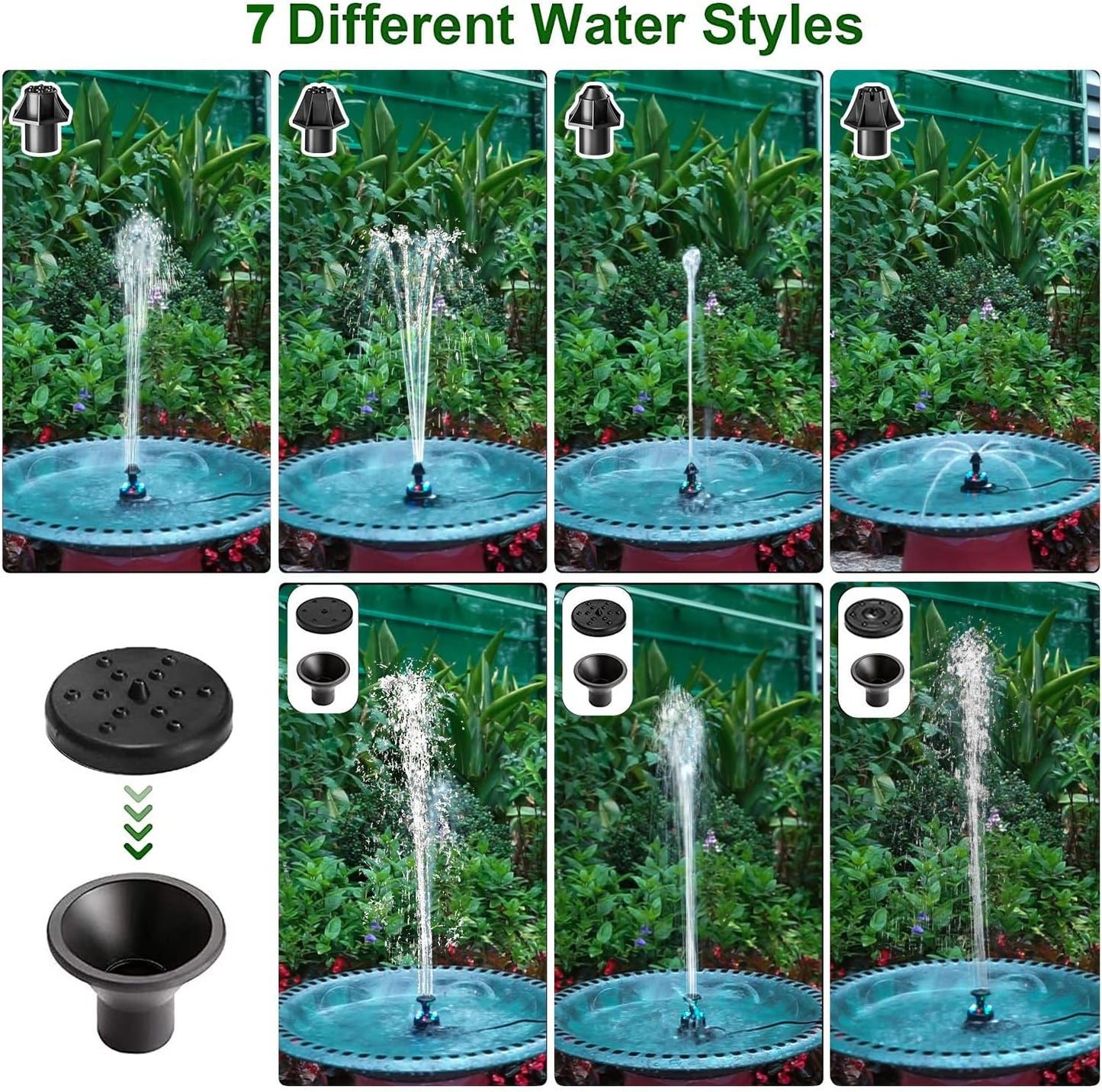 24-Hours Working Bird Bath Fountains Electric, Adjustable Quiet Water Fountain Pump with LED Lights for Garden,Small Fish Tank, Pond,Water Features - 7 Nozzles,16.4Ft Power Cord