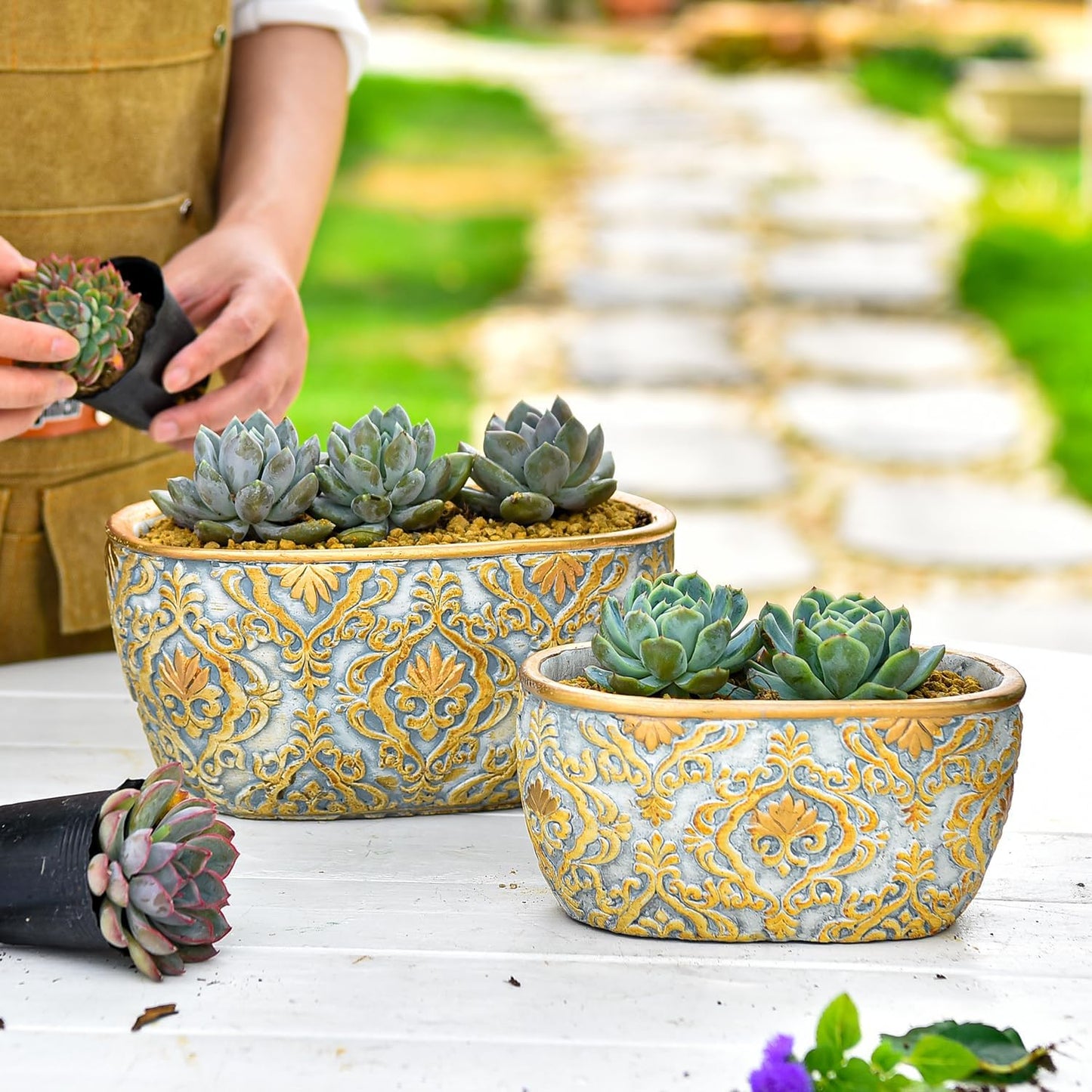 Sungmor Cement Planter Set of 2, 6.7 Inch & 8.6 Inch, Succulent Pots with Drainage Hole, Embossed Design, Indoor Outdoor Use, Cactus Plant Container