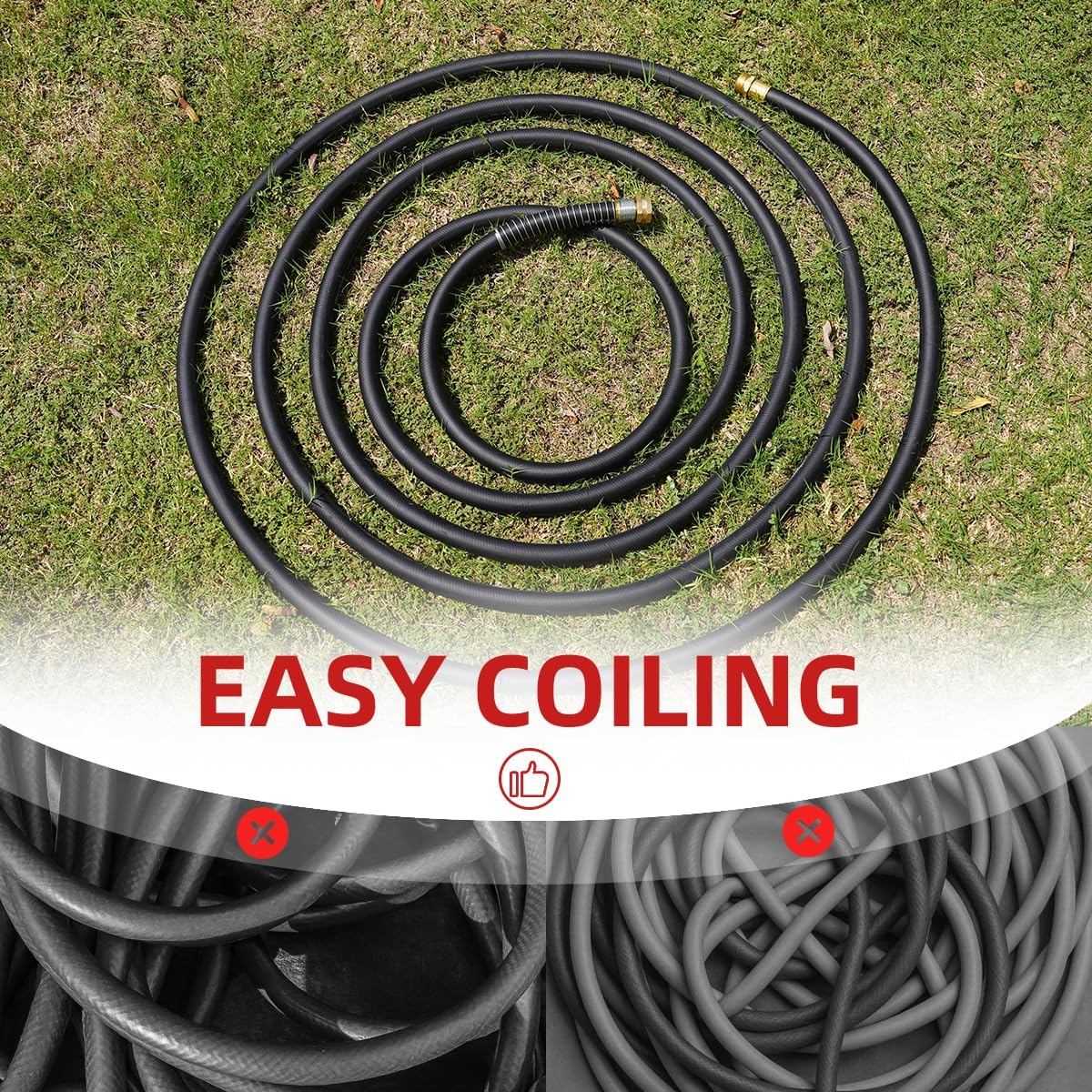 WiseFlow Garden Hose 100FT x 5/8", Heavy Duty Rubber Hose, 1000PSI Burst, 300PSI Working, Water Hose with Five Layered Braiding, Male Female Fittings (Black)