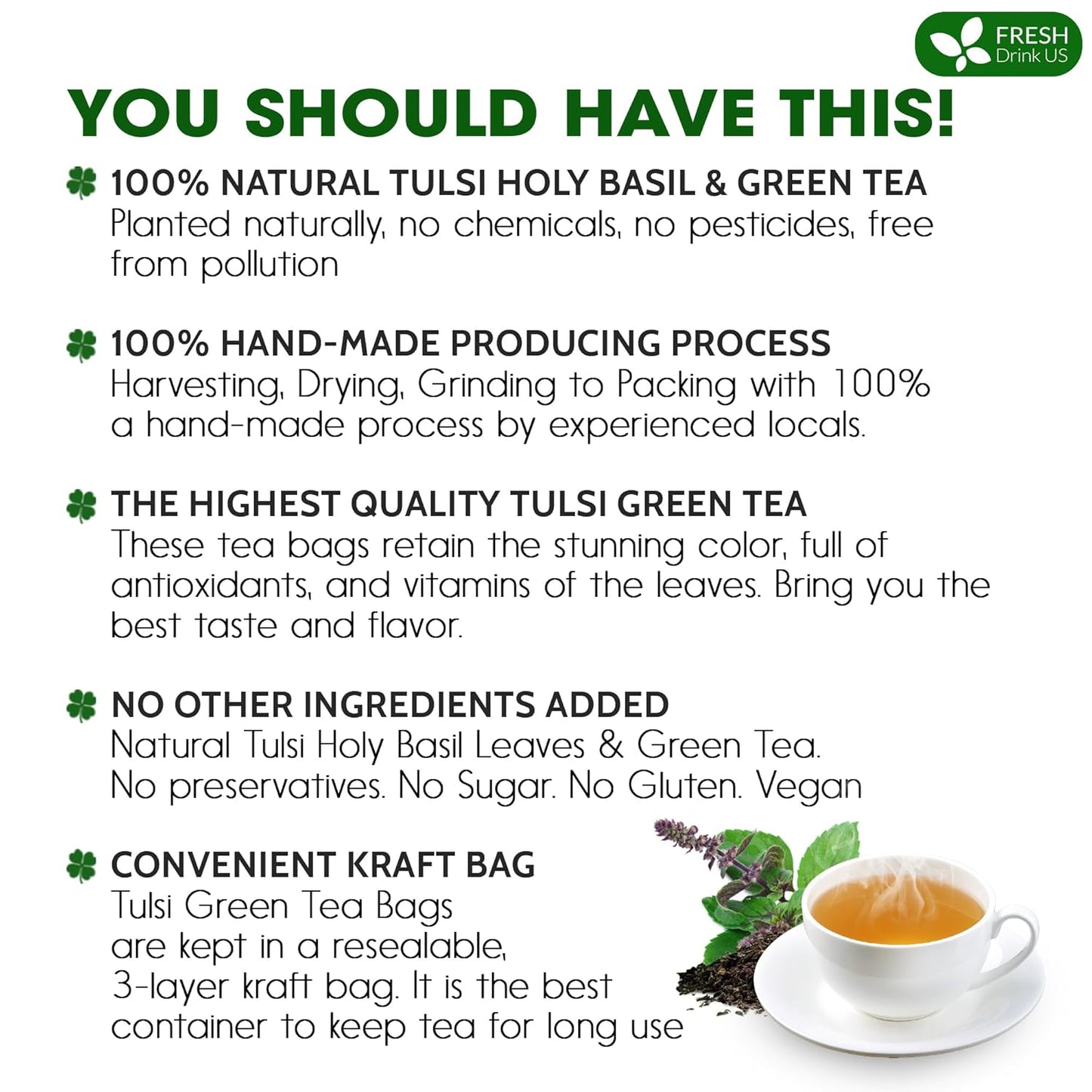 FreshDrinkUS, Premium 30 Tulsi Green Tea Bags, 100% Natural, Blend of Tulsi Holy Basil Leaves, and Green Tea Leaves. Made with Natural Material Tea Bags. No Sugar, Vegan.