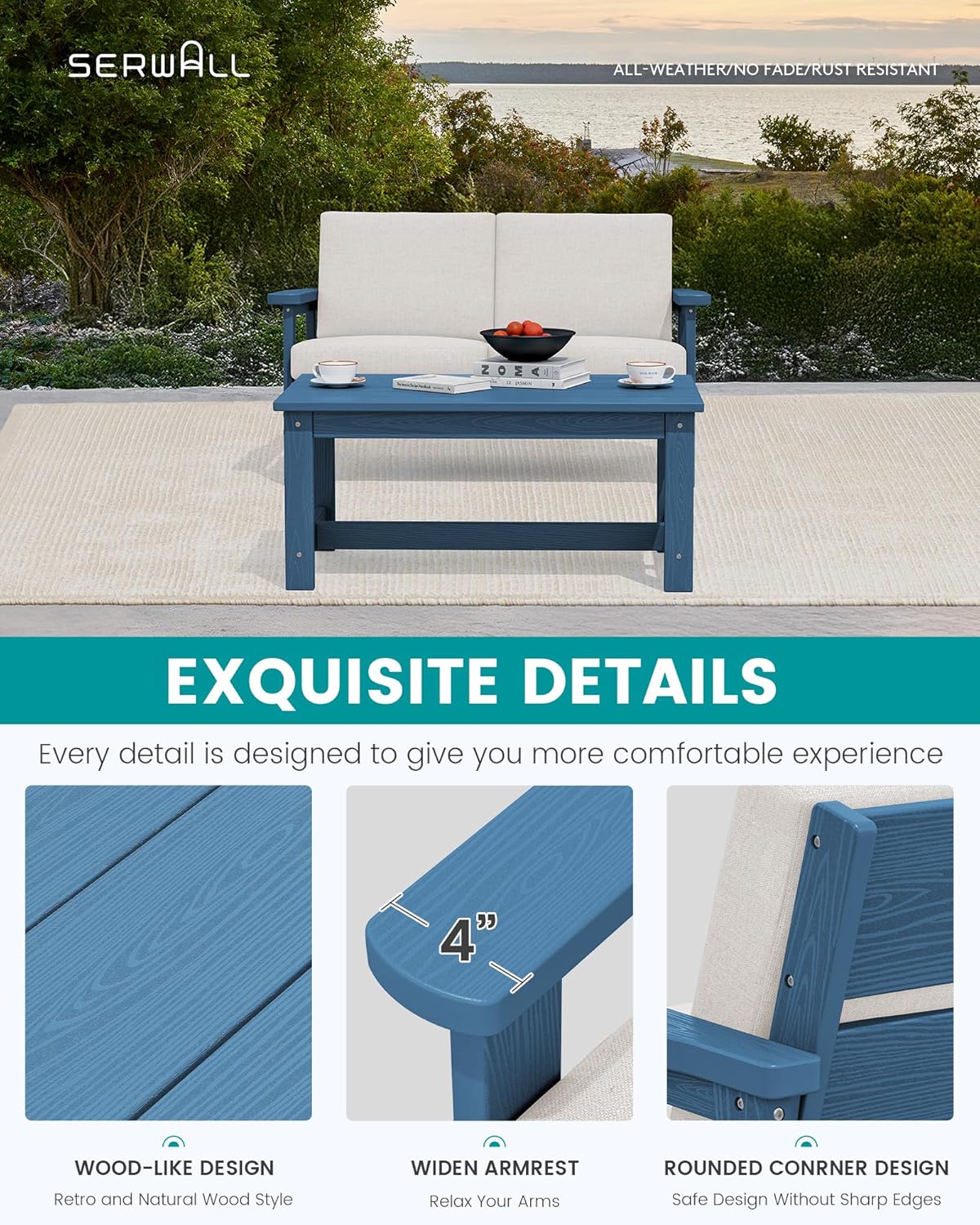 SERWALL Outdoor Loveseat, Blue Frame and Khaki Cushion