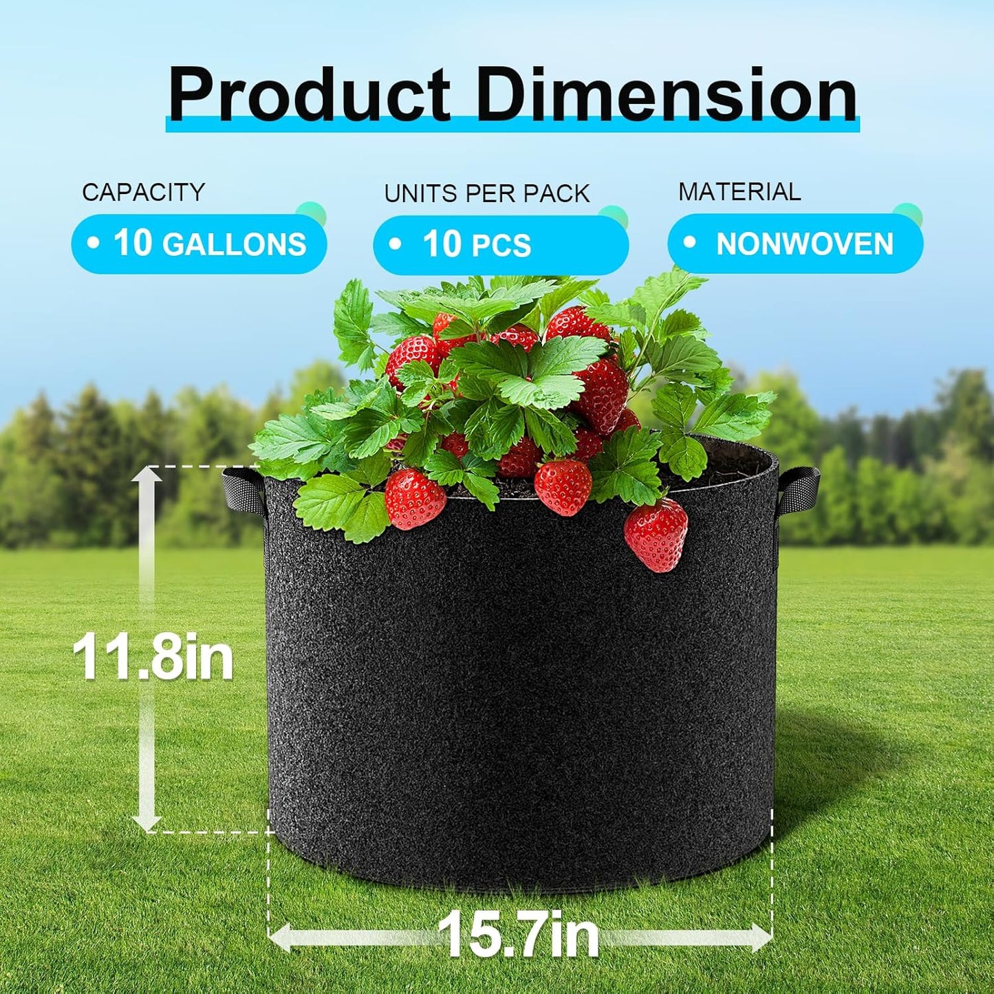 Land Guard 10-Pack Fabric Grow Bags 10 Gallon, Thickened Nonwoven Garden Pots, Growing Bags with Handles, Black