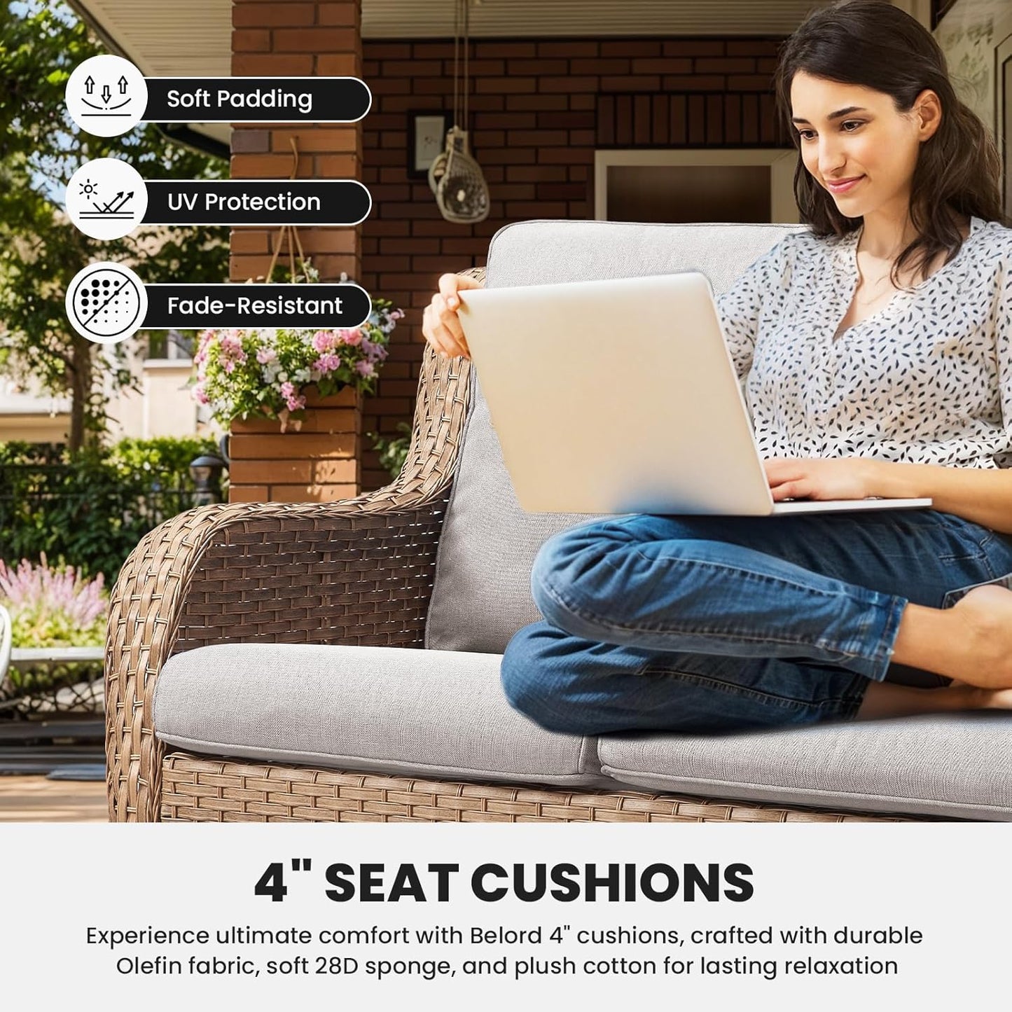 Outdoor Couch Wicker Patio Sofa - 75Inch Rattan Sofa with Hight Backrest Wide Armrest, All Weather Outdoor 3 Seater Seating Wicker Couch for Balcony Proch Deck Backyard Yellow/Beige