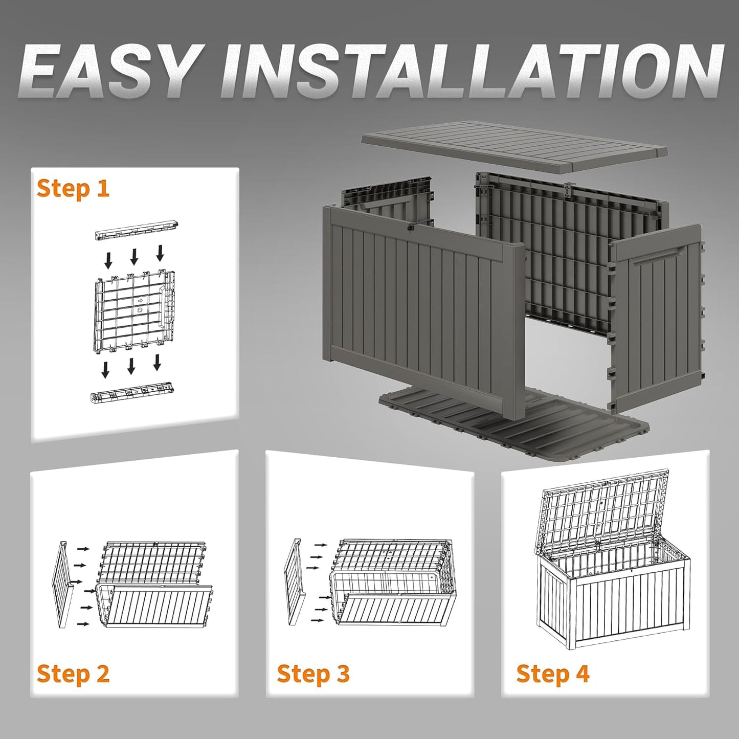NUNU LAB 230 Gallon Large Resin Deck Box, Waterproof Outdoor Storage Box, Lockable Storage Bin for Patio Furniture, Garden Tools, Pool Accessories, UV-Resistant & All-Weather, Grey