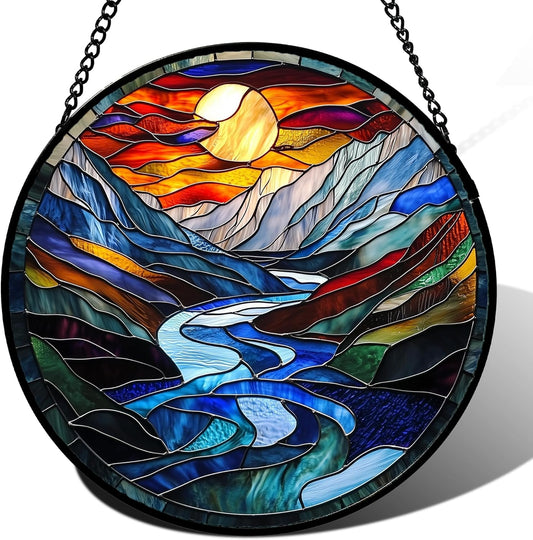 Stained Glass Window Hanging, Canyon Mountains Sunset View Sun Catcher for Window Home Decor Landscape Suncatcher Mother's Day Birthday Gifts for Women Men Mom and Nana 7.8 in