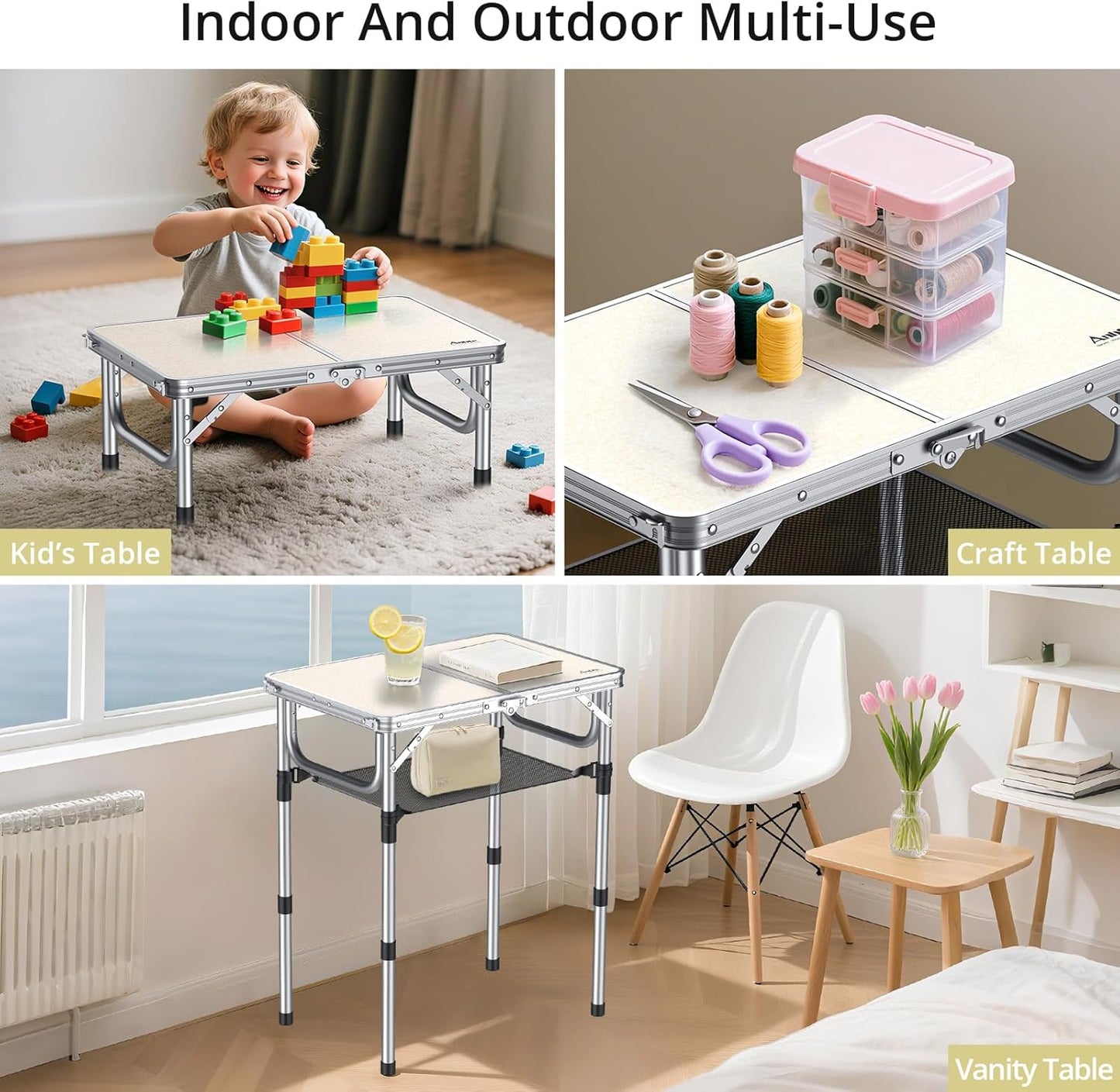 Folding Camping Table, Aluminum 24" x 16" Adjustable Height Small Folding Table with Carrying Handle, Lightweight, Portable Camping Table Waterproof for Outdoor Indoor Picnic Beach BBQ, Silver