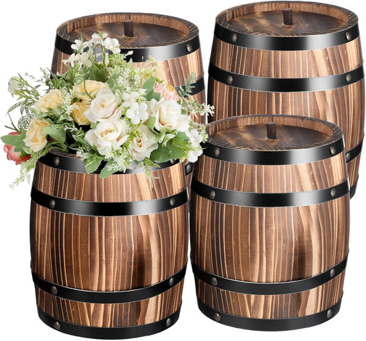 4 Pcs Wood Wine Barrel Vase 8" x 6.5" Vintage Flower Vase Container Rustic Barrel Planter for Wedding Reception Table Decoration Home Indoor Outdoor Garden Kitchen Party