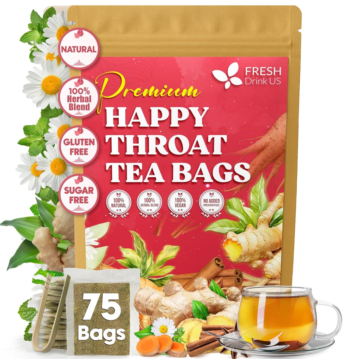 Premium Happy Throat Herbal Tea – 75 Bags Of Supper Tea Blend: Marshmallow Root, Slippery Elm & Ginger – Dry & Sore Throat Relief – Caffeine-Free, No Honey, No Citrus – No Sugar