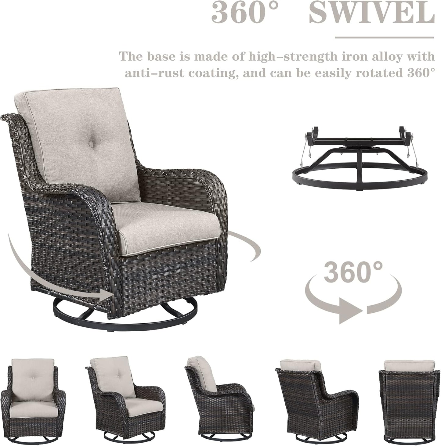 Outdoor Sectional Furniture Sofa Set with 50000BTU Propane Fire Pit Table, Wicker Patio Conversation Set with 2 Swivel Rocker Glider Chairs Beige Cushion Perfect for Backyard Casual Gathering