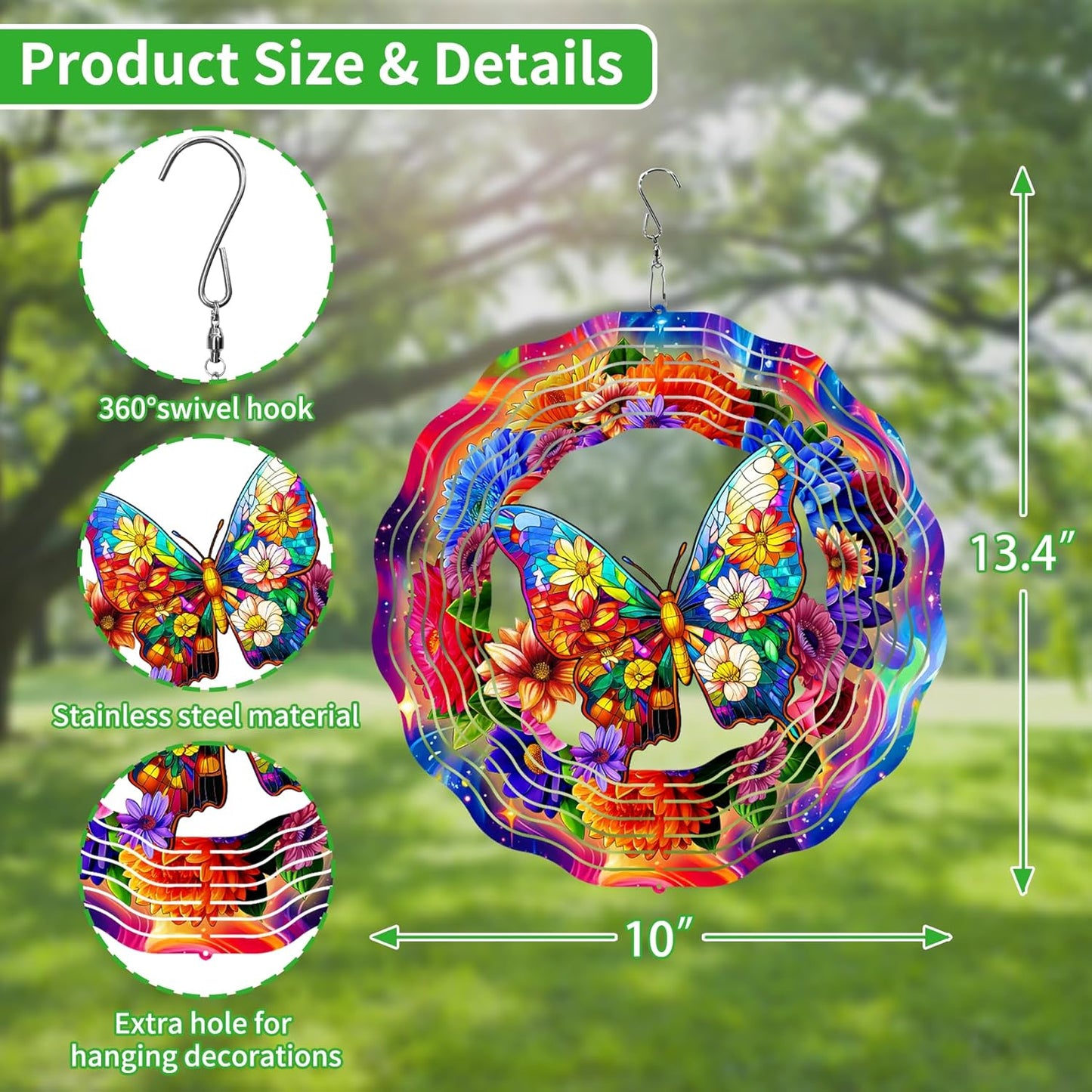 3D Hanging Wind Spinner Butterfly/Hummingbird, 10 Inch Stainless Steel Wind Spinners Outdoor Clearance, Garden Spinner for Outside Patio Yard Home Christmas Decor (Butterfly 02)
