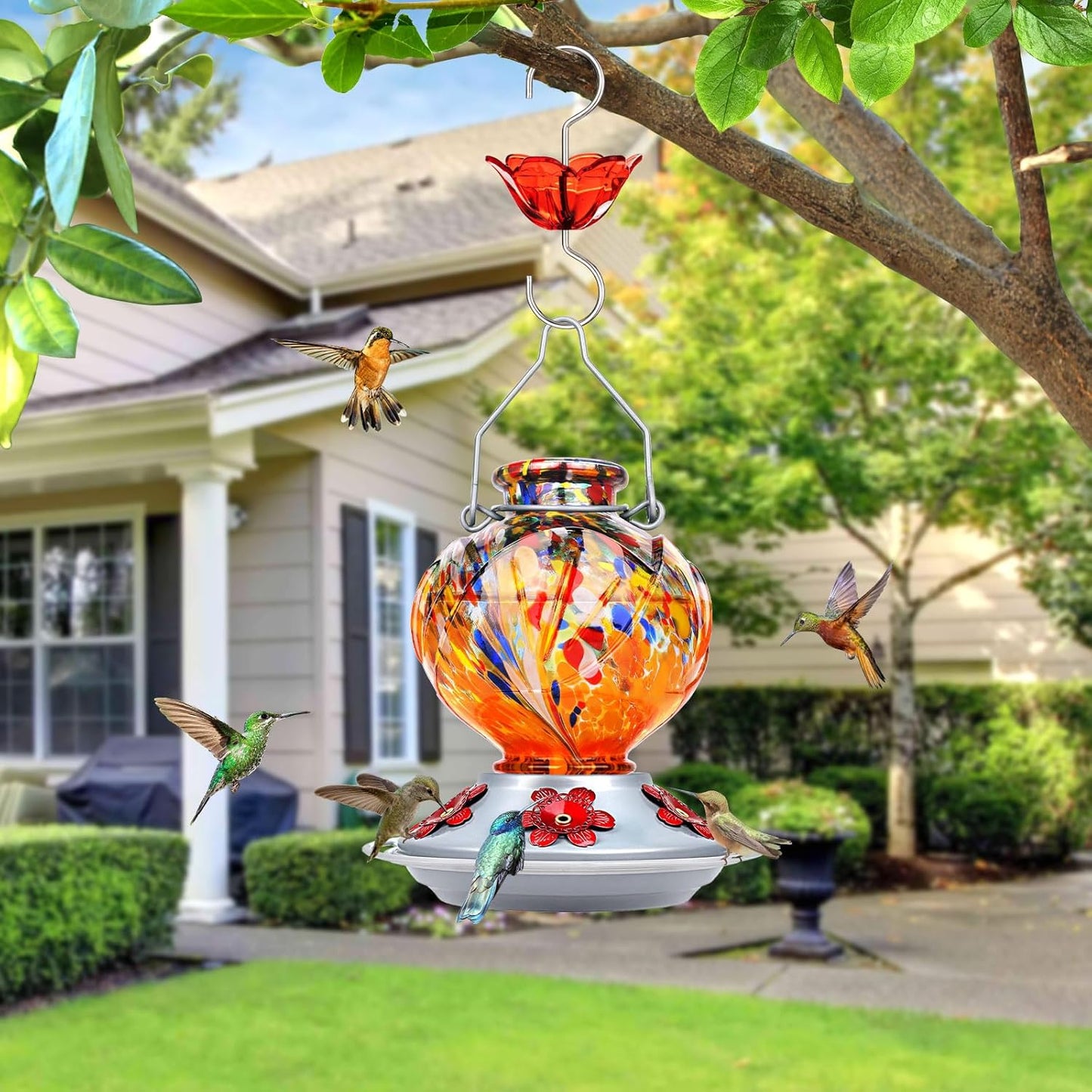 BOLITE Hummingbird Feeder, Hand Blown Glass Hummingbird Feeders for Outdoors Hanging, with Ant Moat and 5 Feeding Ports, 22 Ounces, Peony Flower Shape, Orange, Gifts for Women Men, Gifts for Mom Dad
