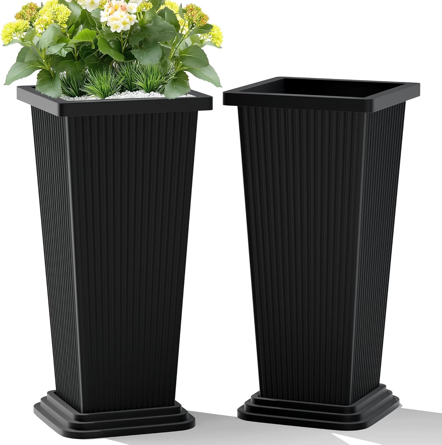 Set of 2 Large Tall Planter for Indoor or Outdoor 24" Flower Pots Tapered Tall Planters with Tray for Porch, Patio, Backyard, Large Planters for Outdoor Indoor Plants(Black,Striped)