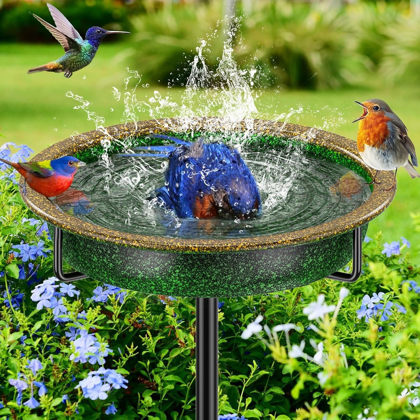38In Metal Bird Bath for Outside, Vintage Freestanding Birdbaths & Birdfeeder, Detachable Decoration Spa Bird Feeder for Outdoors Garden Patio Yard Lawn, 4 Spiky Feet(Green)