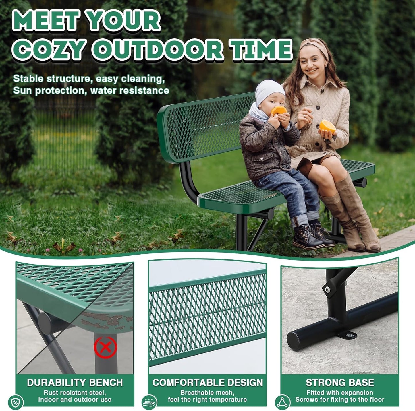 4Ft Outdoor Bench with Back Portable Frame, Outdoor Steel Park Bench with Backrest, Expanded Metal Mesh Bench for Outside, Lawn, Backyard, Park, Deck, Garden, Patio, Porch, Green