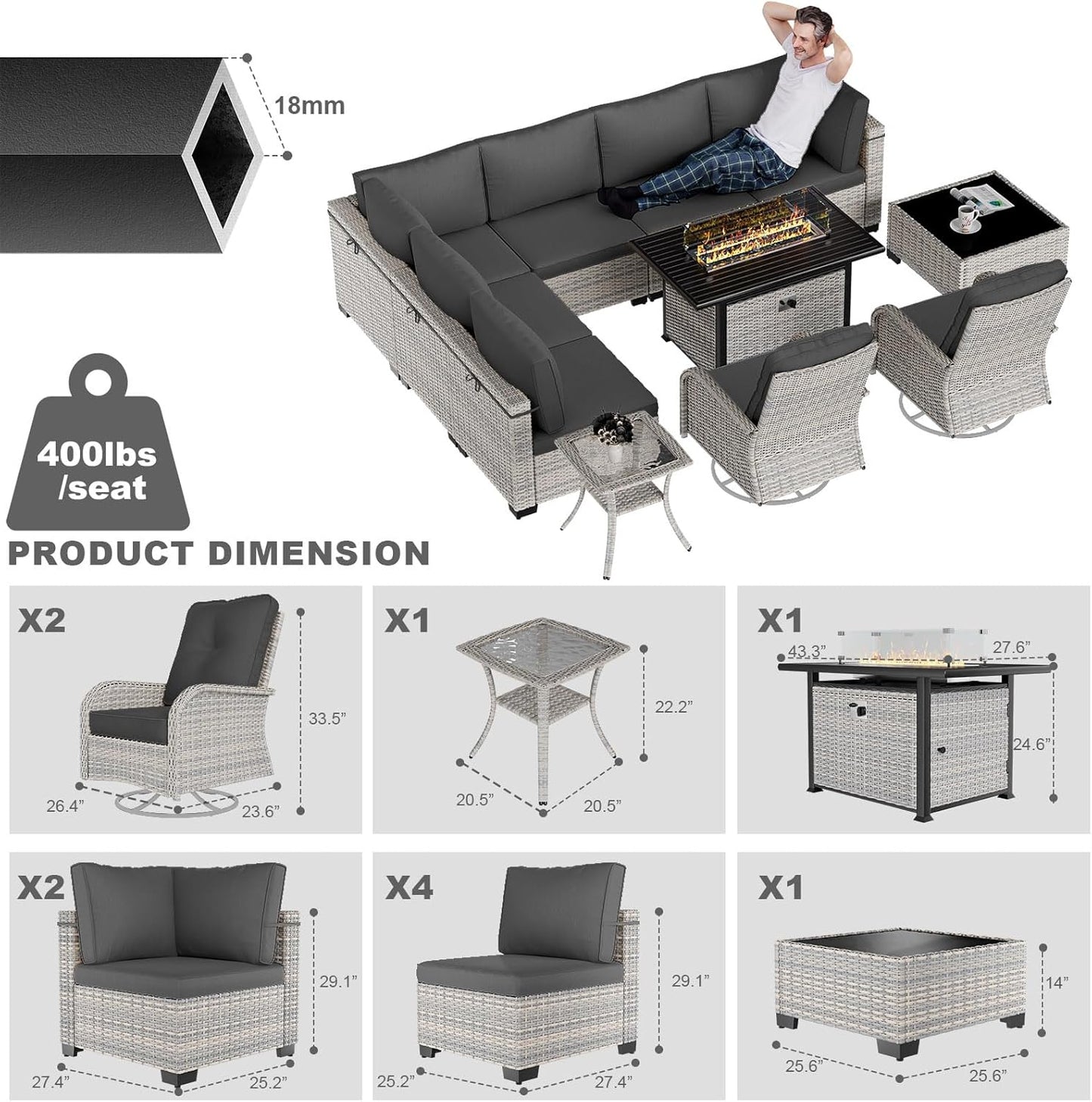 11-Piece Patio Furniture Set, Outdoor Patio Furniture with 55,000 BTU Fire Pit Table, Swivel Chairs Set, Thick Cushions, Modular Patio Sofa, Dual-Strand Wicker Rattan, Rust-Resistant Frame, Black