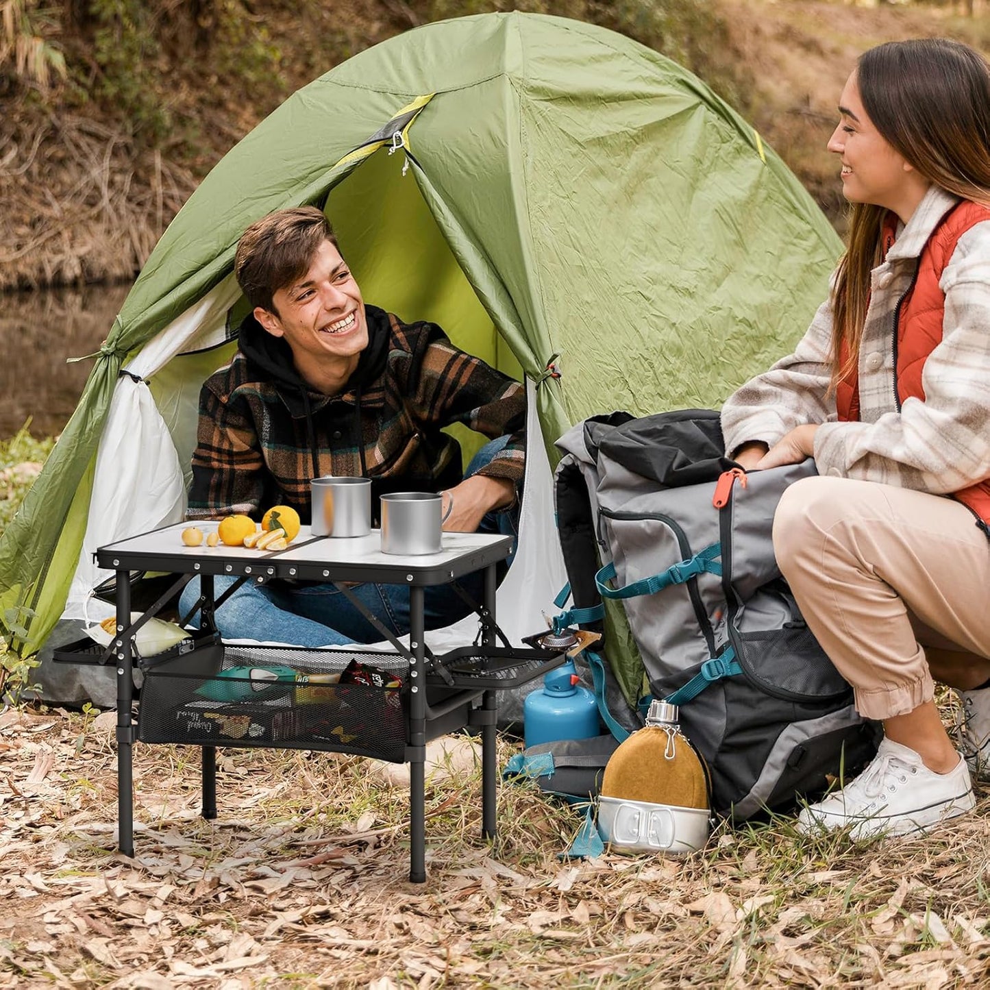 Titanker Small Camp Table 2ft, Folding Camping Table Portable with Storage Bag & Side Racks, Picnic & Beach Table, Car Camping Essentials, Aluminum Light & Solid