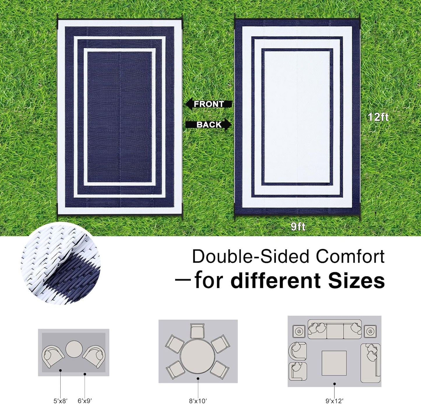 OLANLY Outdoor Rug 9x12 ft Waterproof, Reversible Outdoor Plastic Straw Rug, RV Mat, Indoor Outdoor Carpet Clearance for Patio, Camping, Balcony, Deck, Backyard, Navy & White