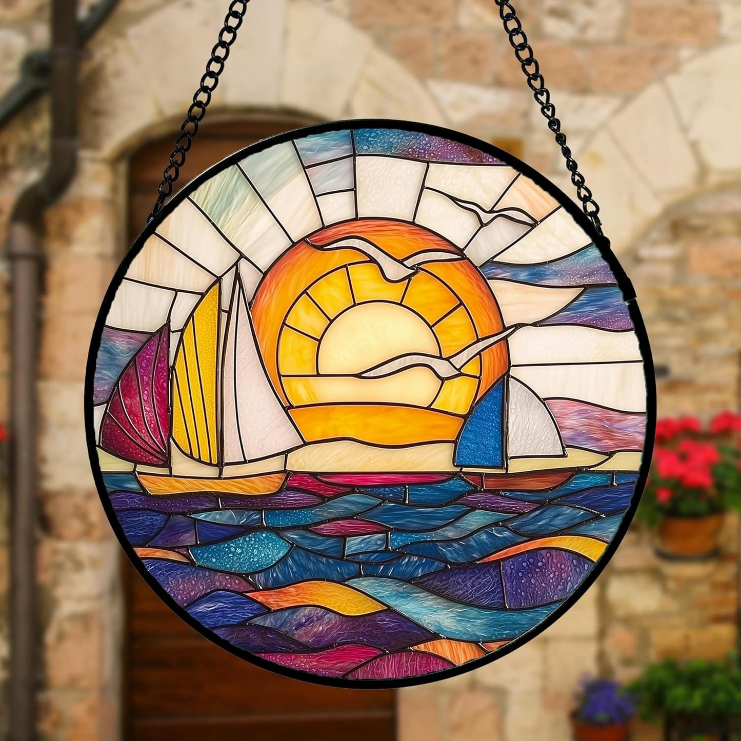 Stained Glass Window Hanging, Sailboat and Waves Suncatcher Diamond Glass Panel Hangings Sun Catchers Decor for Birthday for Women, Men, Wife, Aunt, and Mom 6.3 in