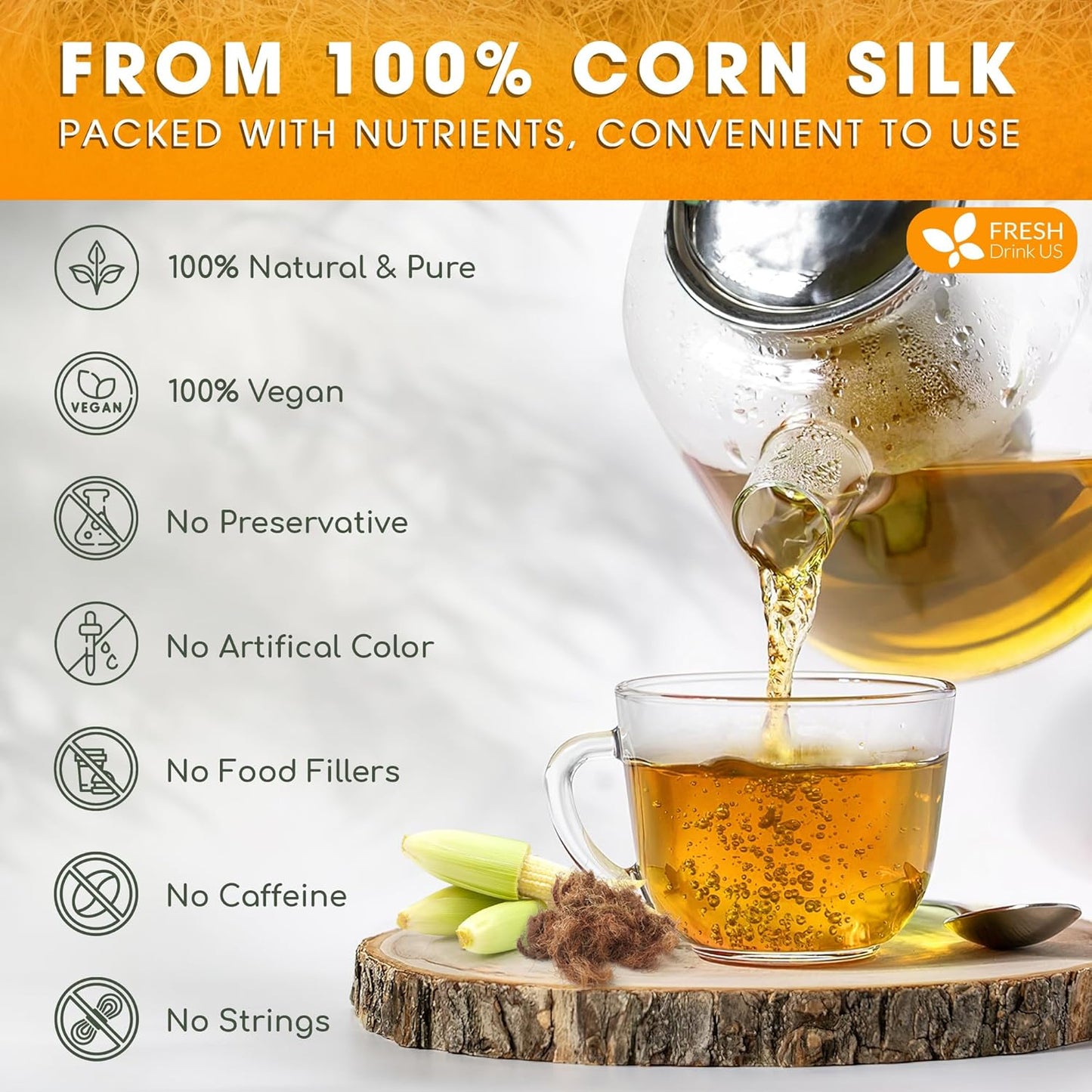 FreshDrinkUS, Premium 40 Tea Bags Corn Silk Tea, 100% Natural & Pure from Corn Silk. Corn Silk Herbal Tea. Clean Ingredients. Made with Natural Material Tea Bags. No Sugar, No Caffeine, Vegan. (40 Tea bags Corn Silk)
