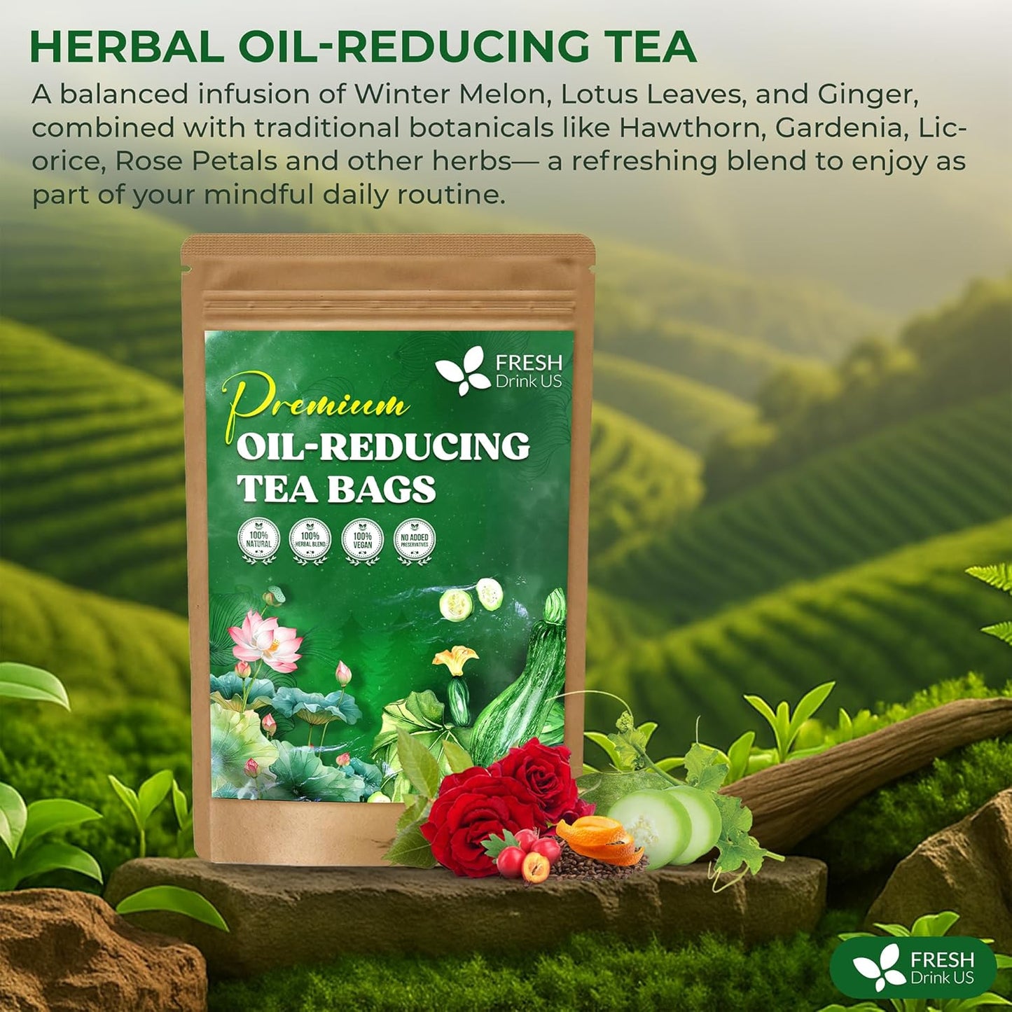 FreshDrinkUS, Oil-Reducing Herbal Tea – 10 Tea Bags | Blend of Winter Melon, Lotus Leaf, Ginger, Hawthorn, Gardenia Fruit, Rose, Cassia Seed & More | Naturally Caffeine-Free | Delicious Hot or Iced