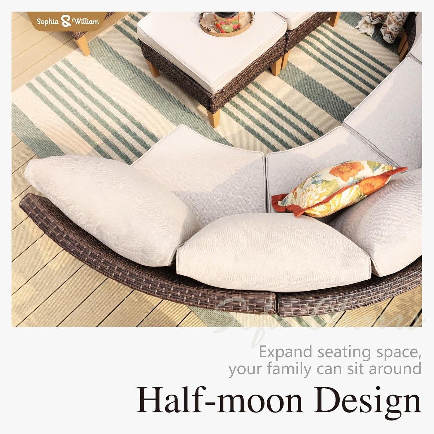 Sophia & William Patio Furniture Set with Fire Pit Table, 9 Piece Half Moon Outdoor Wicker Sectional Sofa Set, Rattan Conversation Set with 56-Inch Fire Pit Table & Ottoman (Beige)