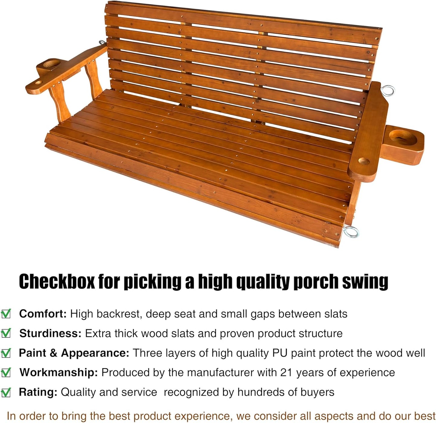 Wooden Porch Swing 3-Seater, High Backrest and Deep Seat, Bench Swing with Cupholders, Hanging Chains and 7mm Springs, Heavy Duty 880 LBS, for Outdoor Patio Garden (Cedar Tone, 5 FT Extra Large)