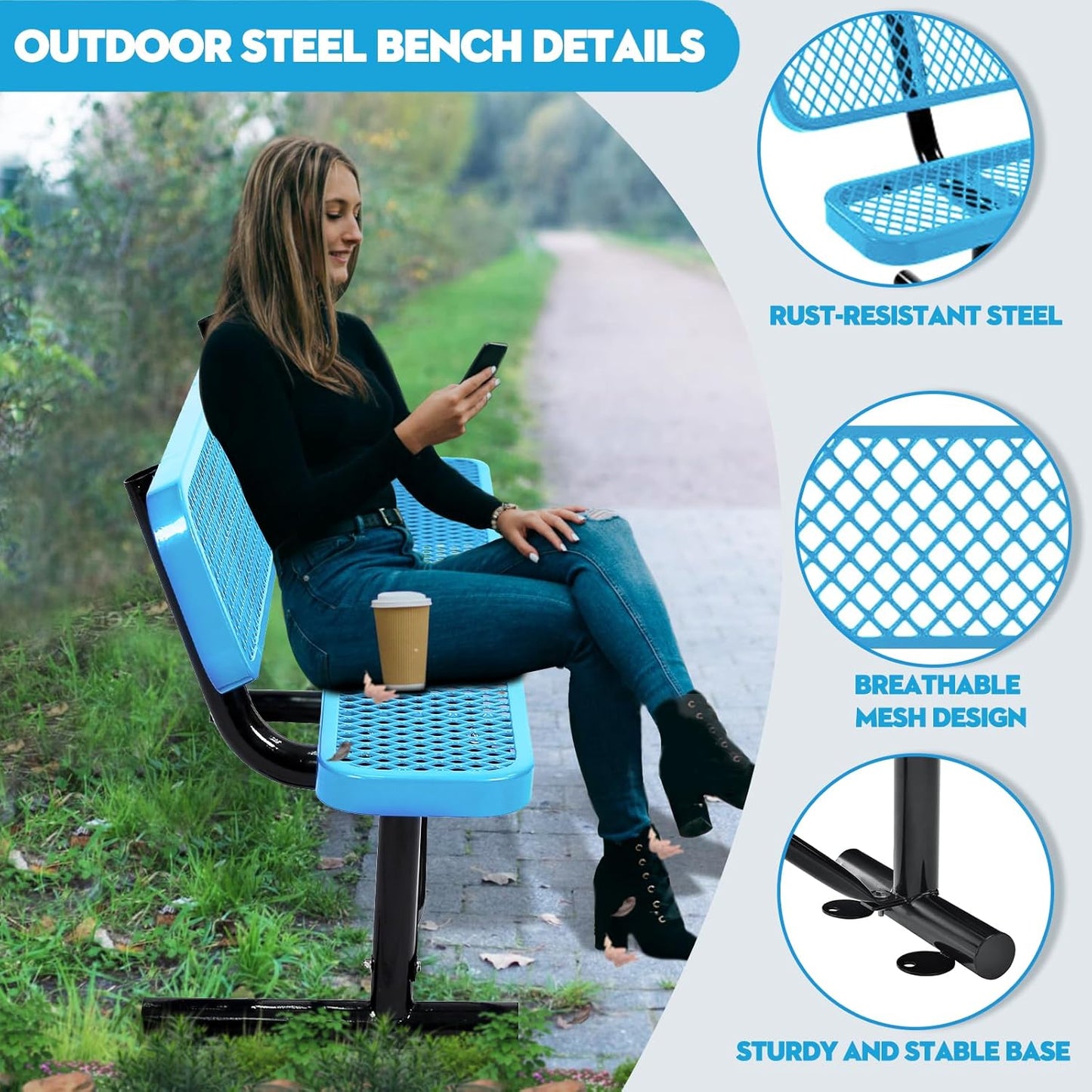 8Ft Outdoor Bench with Back Portable Frame, Outdoor Steel Park Bench with Backrest, Expanded Metal Mesh Bench for Outside, Lawn, Backyard, Park, Garden, Patio, Porch, Blue