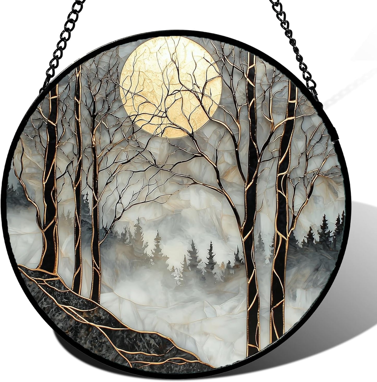 Stained Glass Window Hanging - Black and White Gold Moon Forest Sun Catcher for Door Home Decor Suncatcher Christmas Mother's Day Birthday Gifts for Women Men Lovers Mom Nana 11.8 in