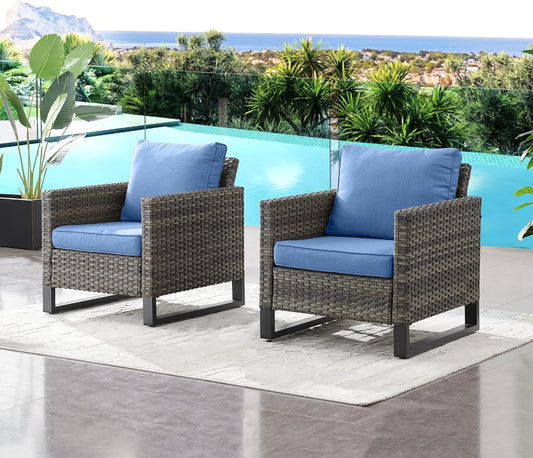 HUMMUH Patio Chairs Set of 2 PE Wicker Outdoor Dining Chairs High Back Deep Seating Porch Chairs with 4inch Seat Cushions