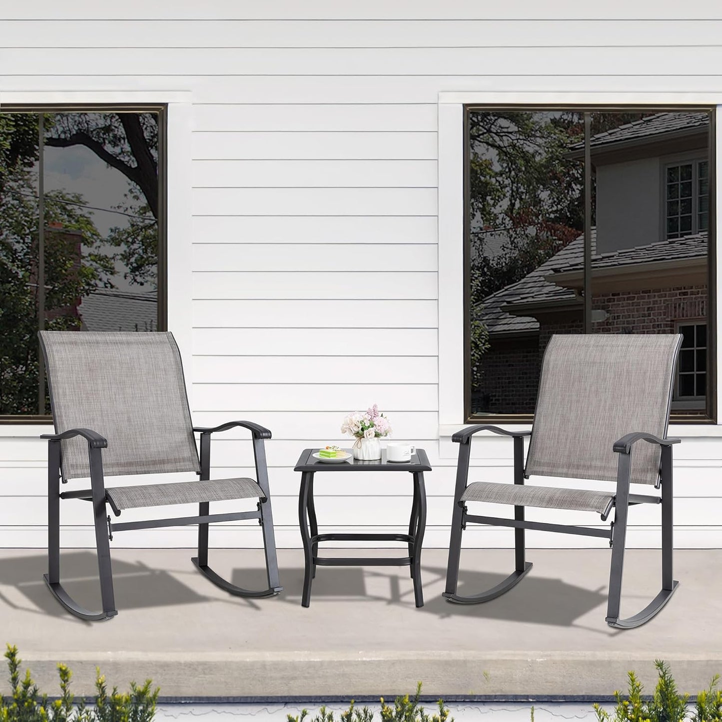 Shintenchi 3 Piece Rocking Bistro Set, Outdoor Furniture with Rocker Chairs and Glass Coffee Table Set of 3, Balcony, Porch Furniture for Small Space, Gray
